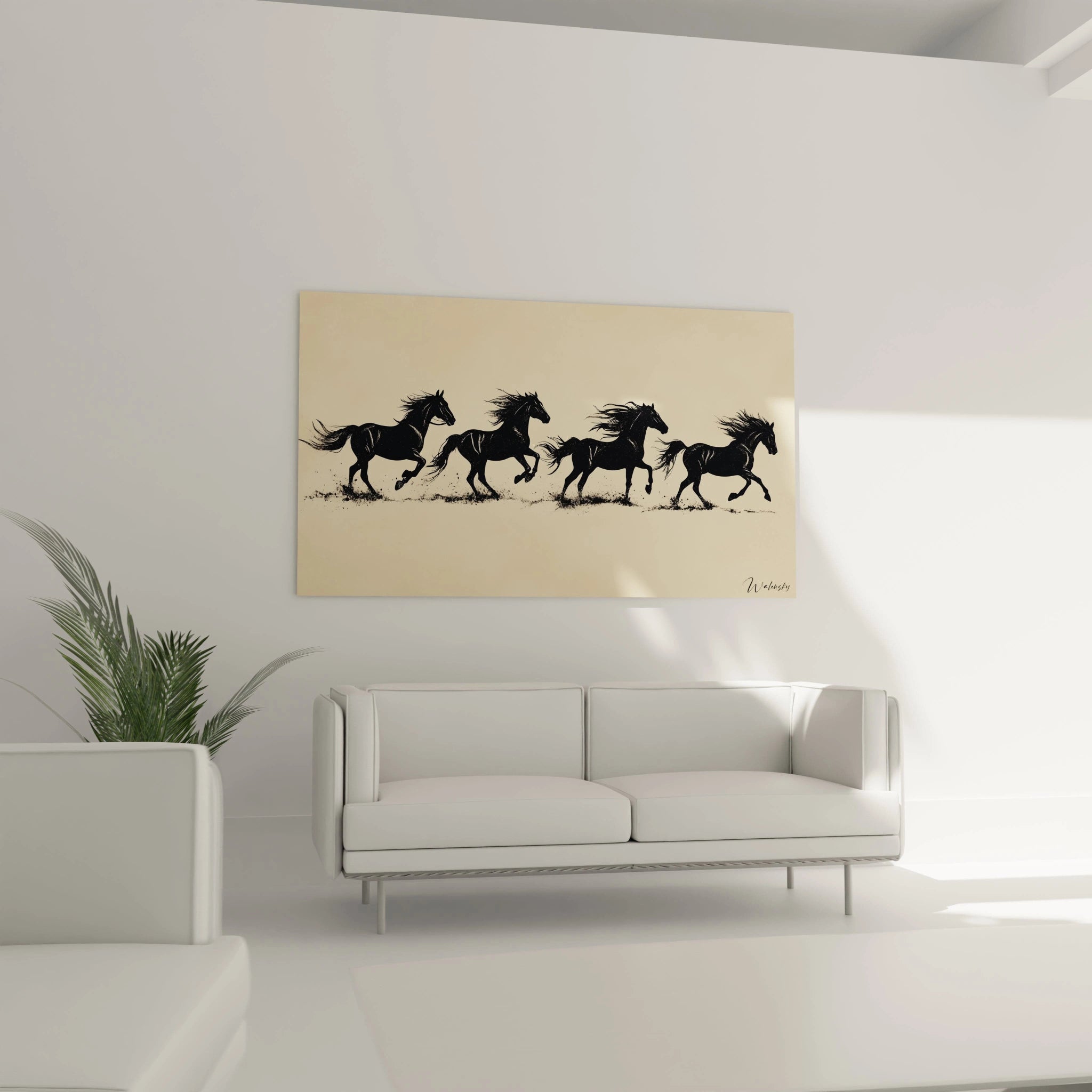 Un tableau Théodore Géricault montrant quatre chevaux noirs alignés dans différentes phases du galop, sur un arrière-plan beige clair, avec des détails de poussière au sol renforçant la sensation de déplacement.