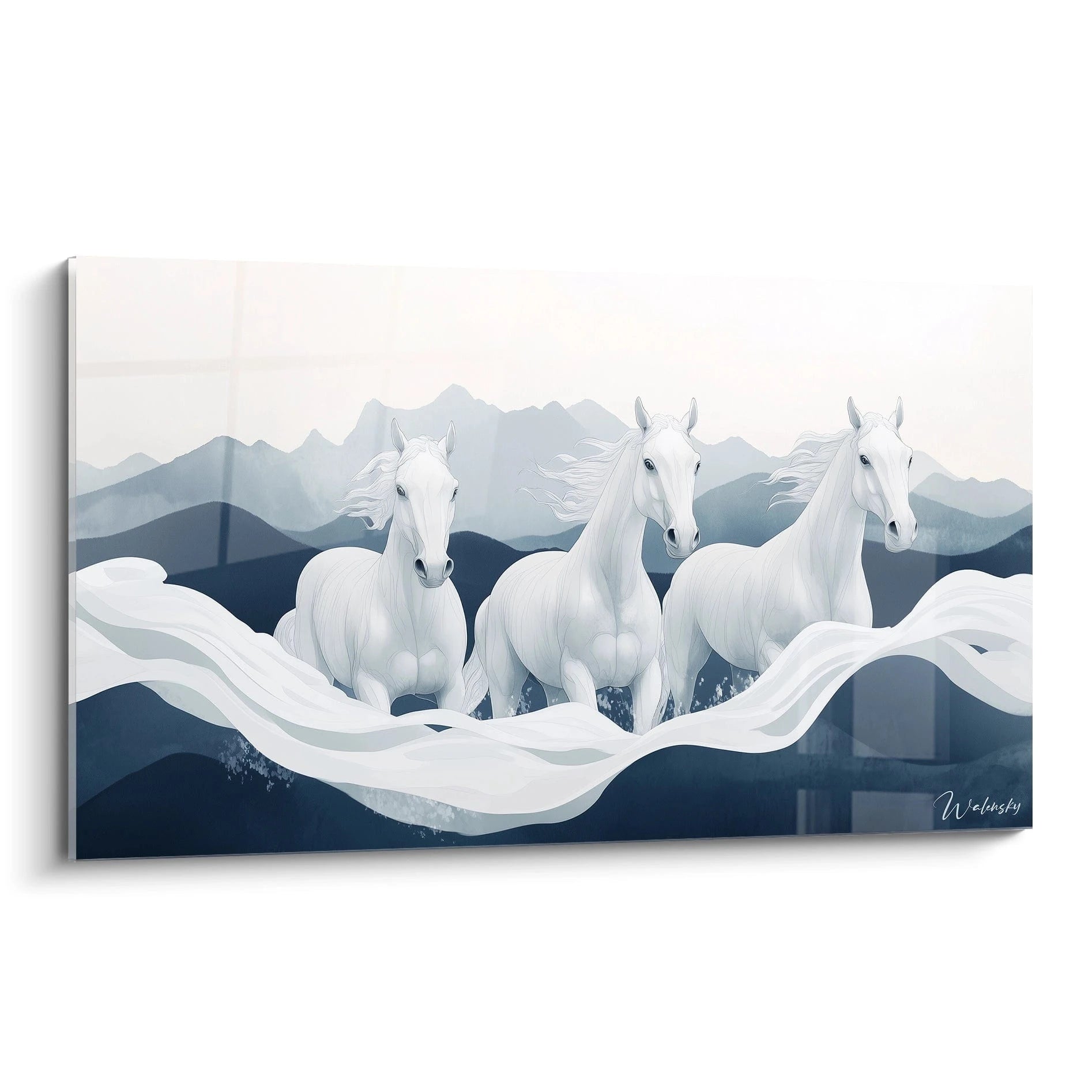Un tableau Théodore Géricault représentant trois chevaux blancs avançant sur un fond de montagnes bleues et grises, avec des textures fluides et des lignes ondulantes rappelant des vagues.