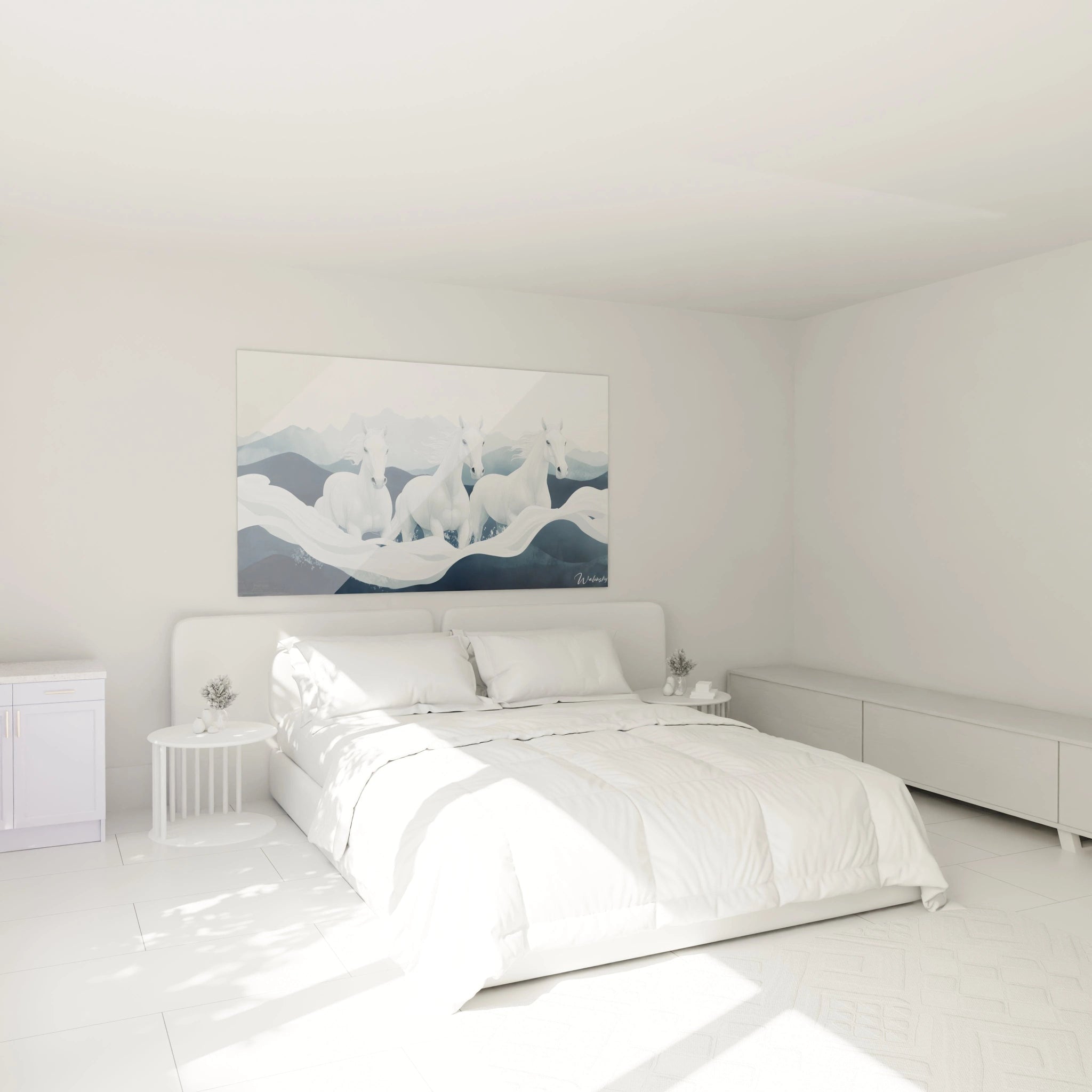 Un tableau Théodore Géricault illustrant trois chevaux blancs en mouvement, placés devant un paysage montagneux bleu et gris, avec des effets de transparence et des lignes courbes accentuant la fluidité.