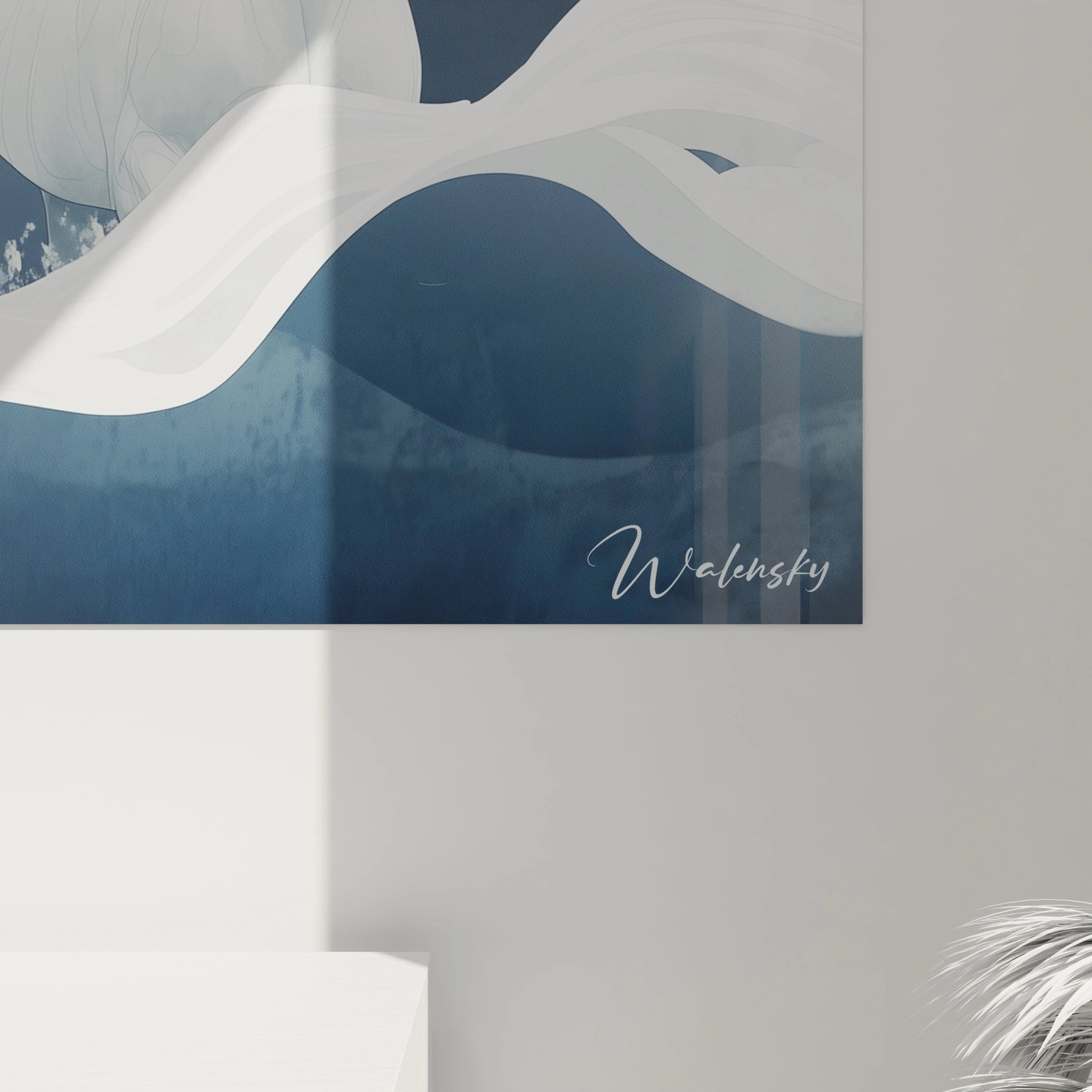 Un tableau Théodore Géricault présentant trois chevaux blancs stylisés sur un paysage abstrait aux teintes bleues et grises, avec des contours nets et des effets de mouvement suggérés par des formes fluides.