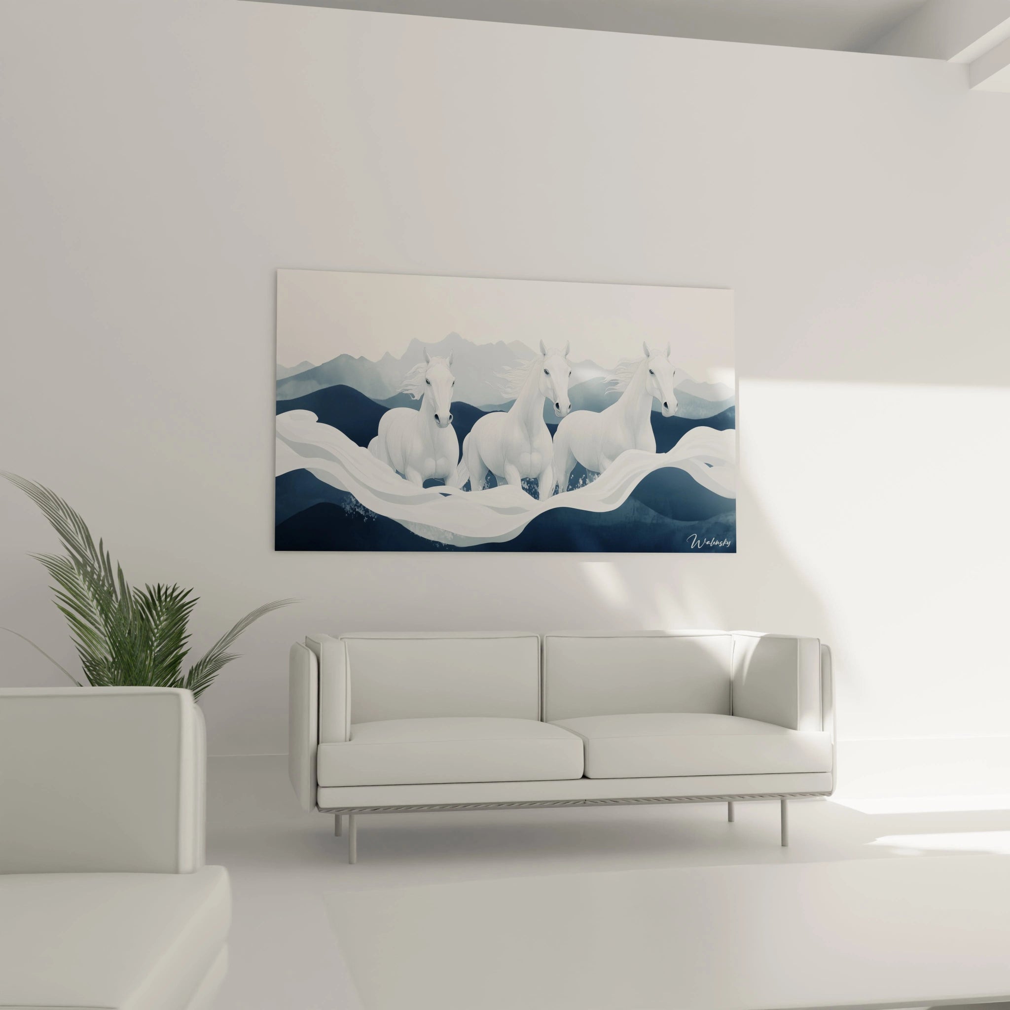 Un tableau Théodore Géricault montrant trois chevaux blancs galopant sur un fond dégradé de bleu et de gris, avec des crinières détaillées et des formes ondulantes créant une impression de continuité visuelle.