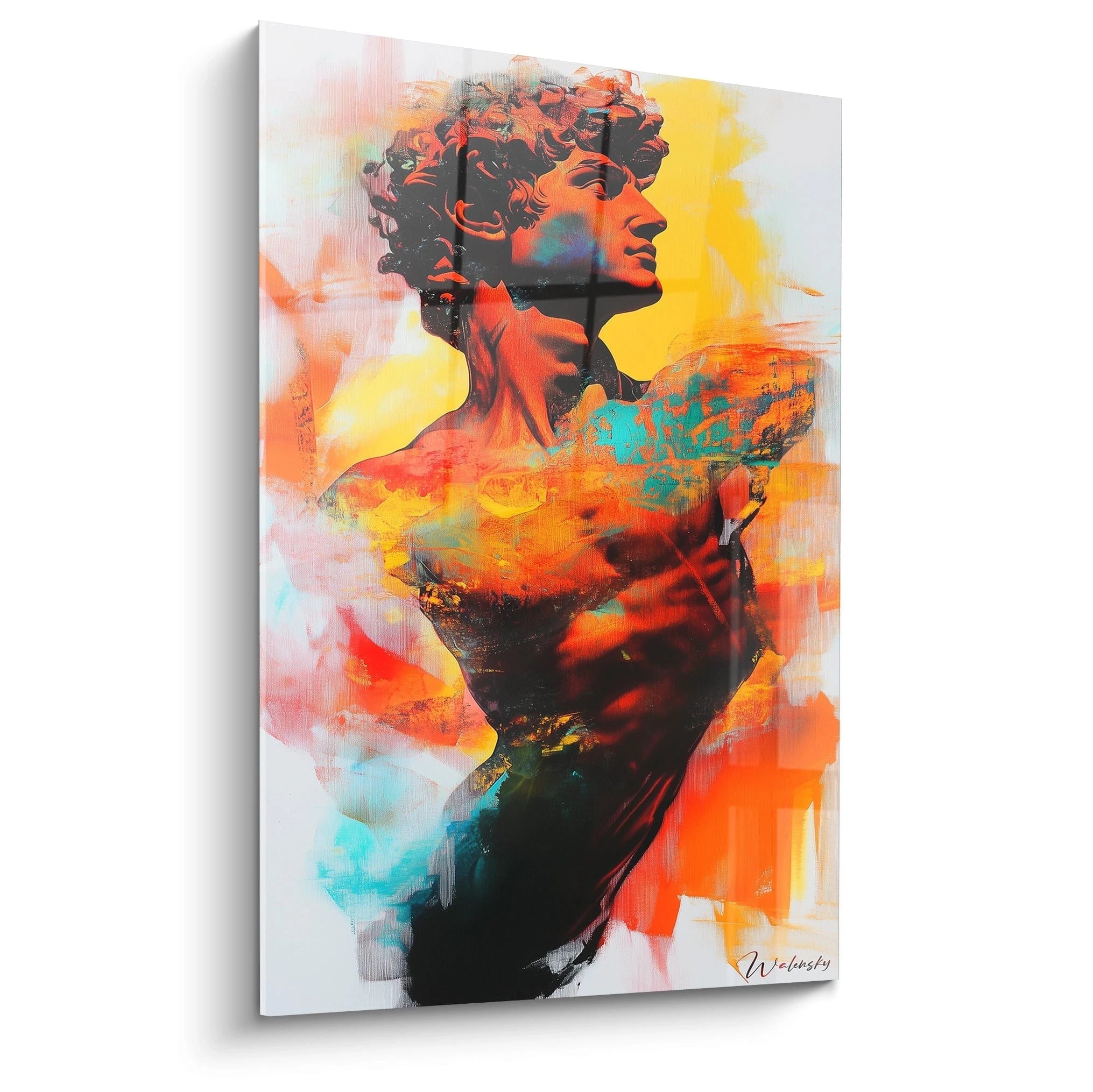 Un tableau Michel-Ange représentant un buste masculin stylisé, avec des teintes rouges, jaunes et noires, des effets de peinture texturés et des zones de contraste marqué.