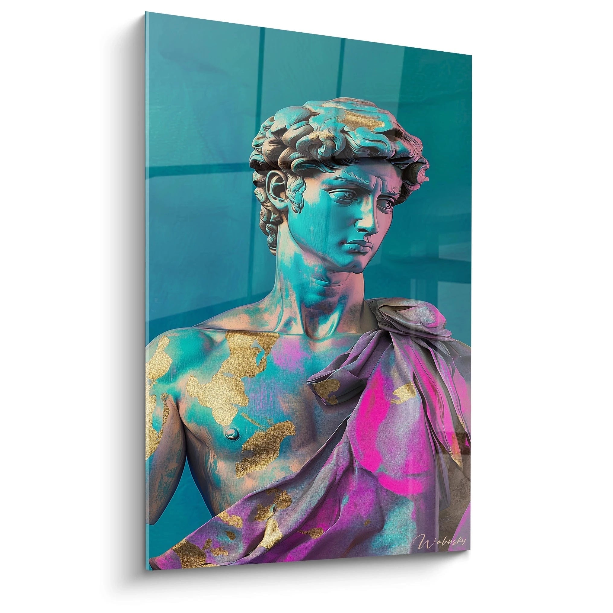 Un tableau Michel-Ange représentant un buste classique, avec des teintes bleues, violettes et dorées, et des textures lisses rehaussées de reflets métalliques sur un fond uni.