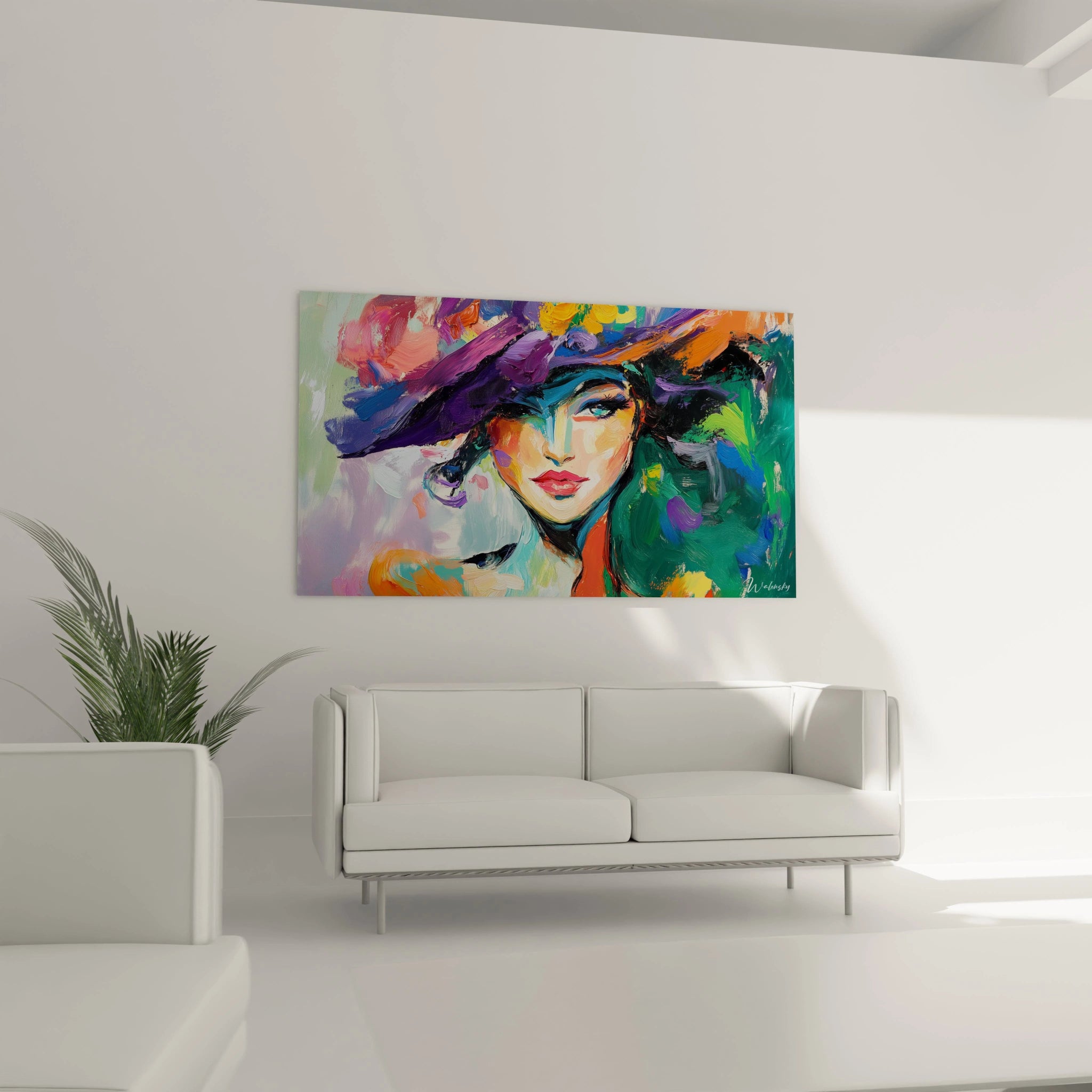 Un tableau artistique abstrait mettant en avant un visage féminin, avec des lèvres rouges, un chapeau violet, et des détails en vert et bleu sur un fond aux textures peintes à l’huile.