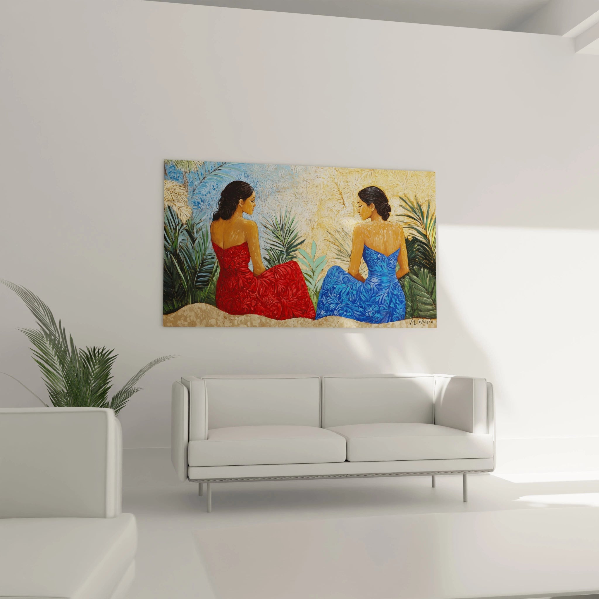 Une scène tropicale dans un tableau Paul Gauguin, avec des textures de feuillages verts et beige et des robes rouges et bleues ornées de motifs complexes.