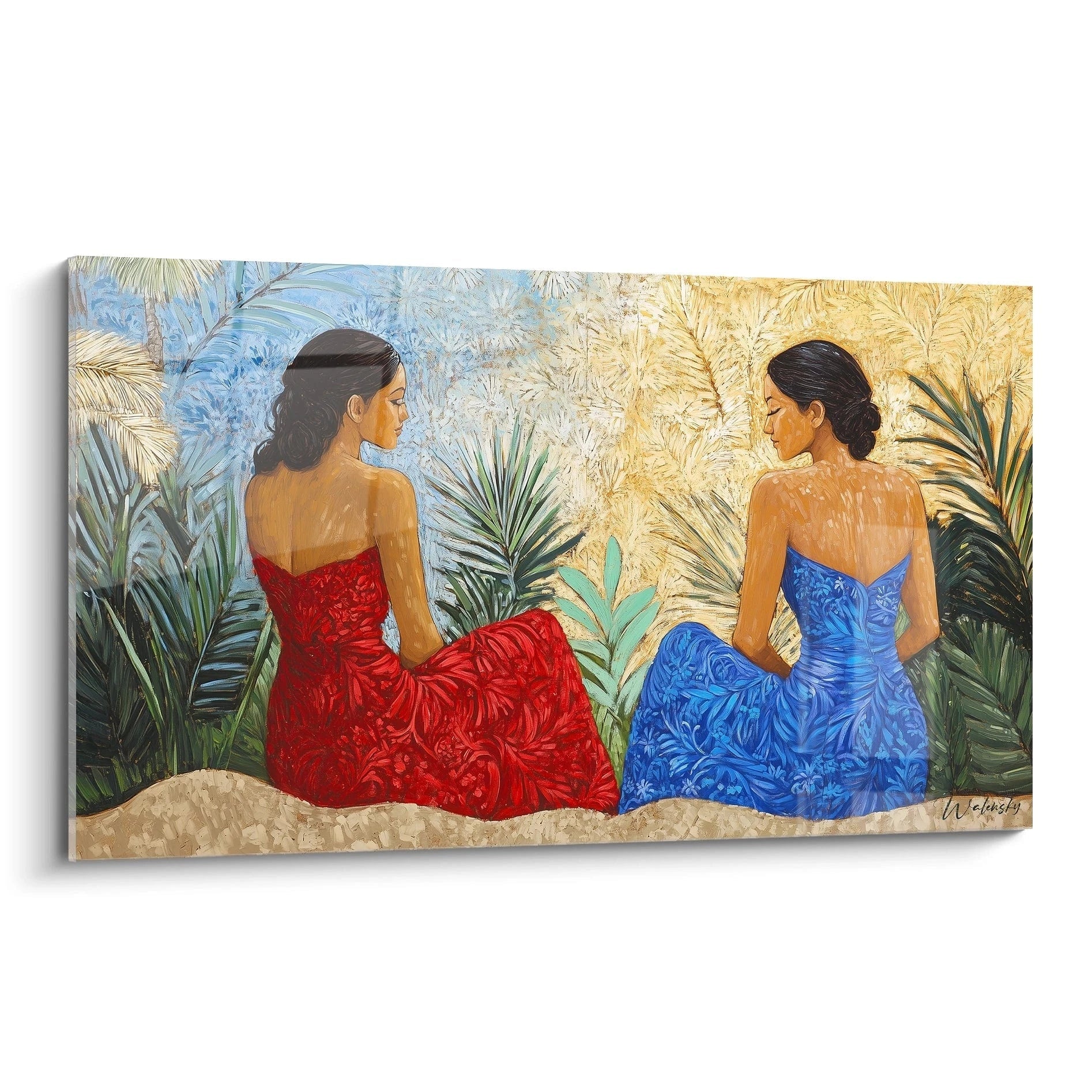 Un tableau Paul Gauguin représentant deux femmes assises de dos, portant des robes rouge et bleue, entourées de feuillages verts et beige sur un fond texturé.