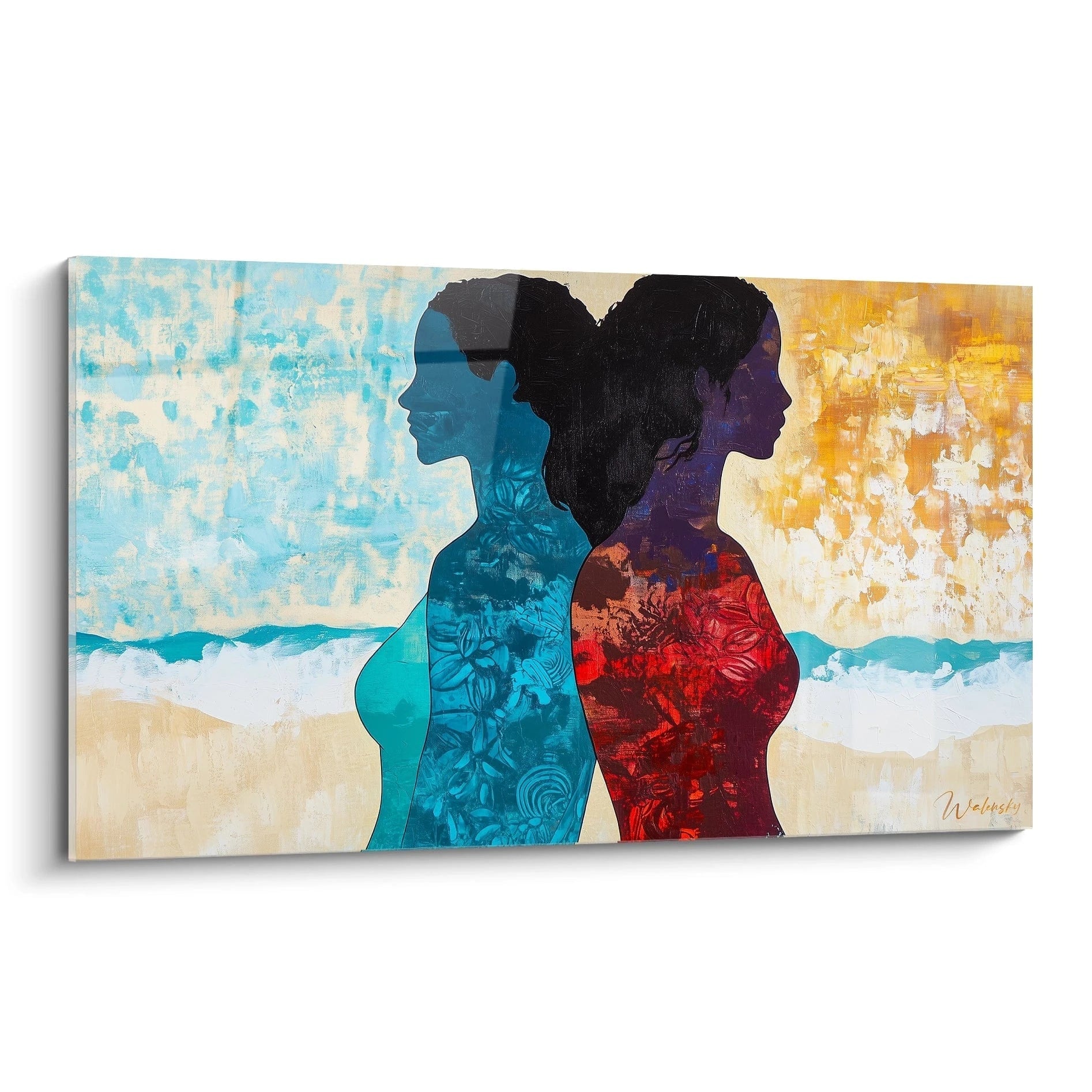 Un tableau Paul Gauguin montrant deux silhouettes féminines dos à dos, avec des motifs floraux et des teintes bleu turquoise, rouge, et beige sur un fond texturé.