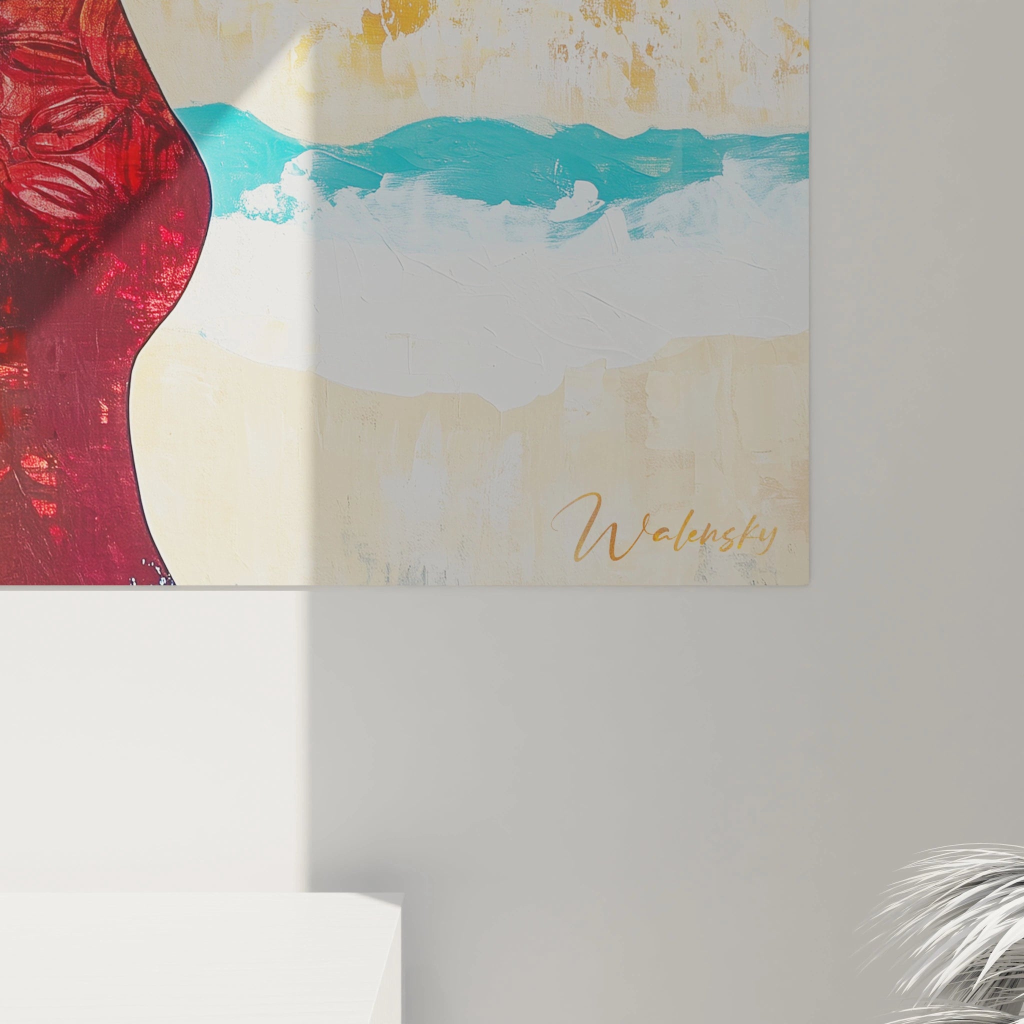 Un tableau Paul Gauguin présentant deux profils féminins stylisés, des motifs floraux complexes et des couleurs dominantes : rouge, bleu et beige, avec des textures superposées.