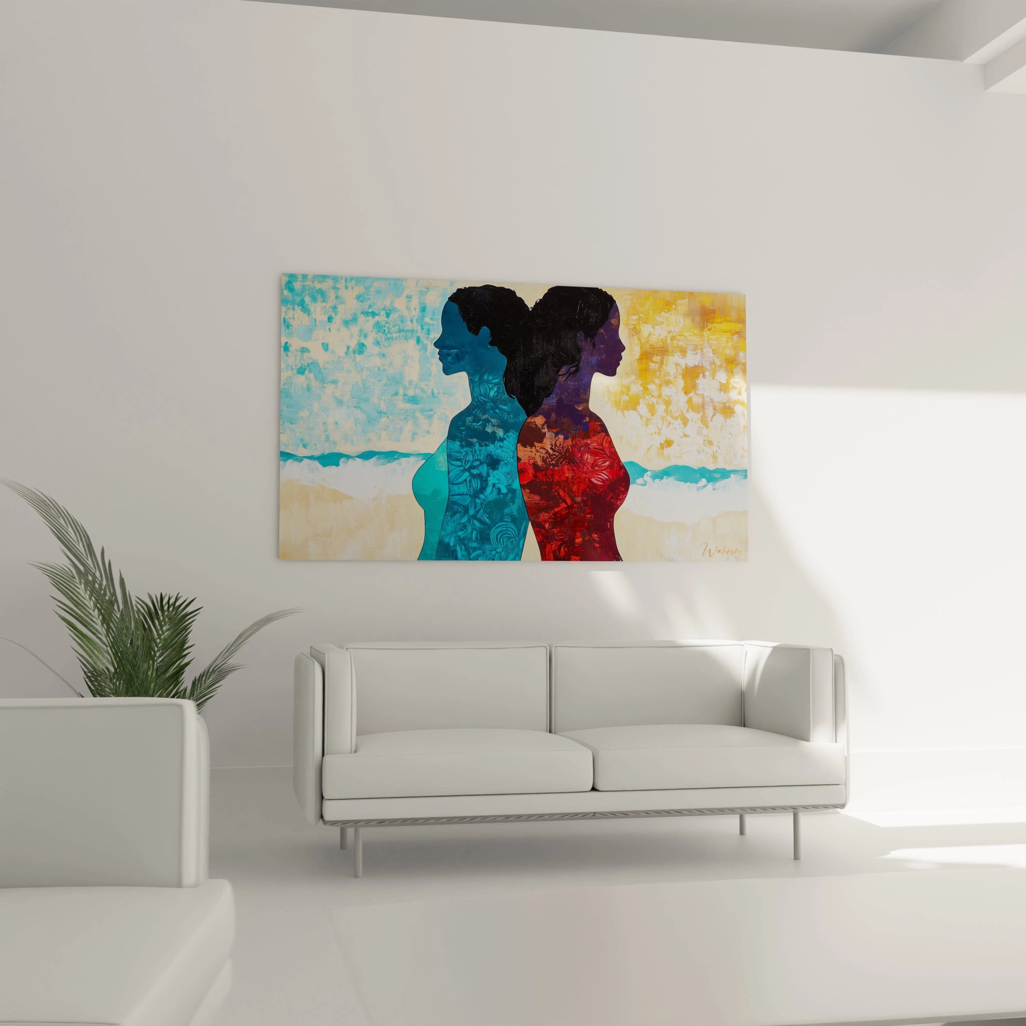 Une composition abstraite dans un tableau Paul Gauguin, avec des silhouettes féminines en rouge et bleu, sur un arrière-plan beige et turquoise avec des textures visibles.