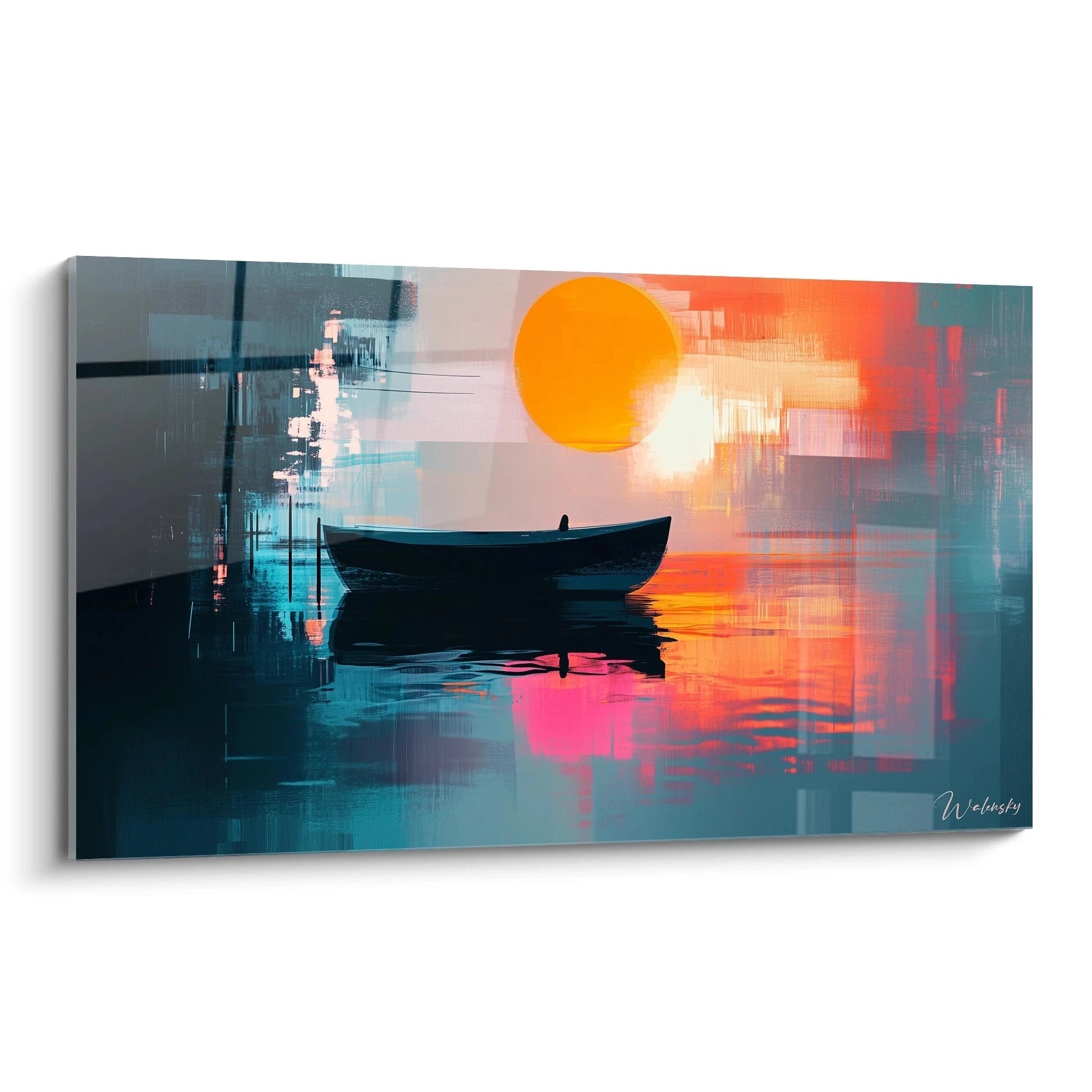 Un tableau claude monet représentant un bateau sombre sur une eau calme, avec un soleil orange vif, des reflets rose et cyan, et des textures abstraites en arrière-plan.
