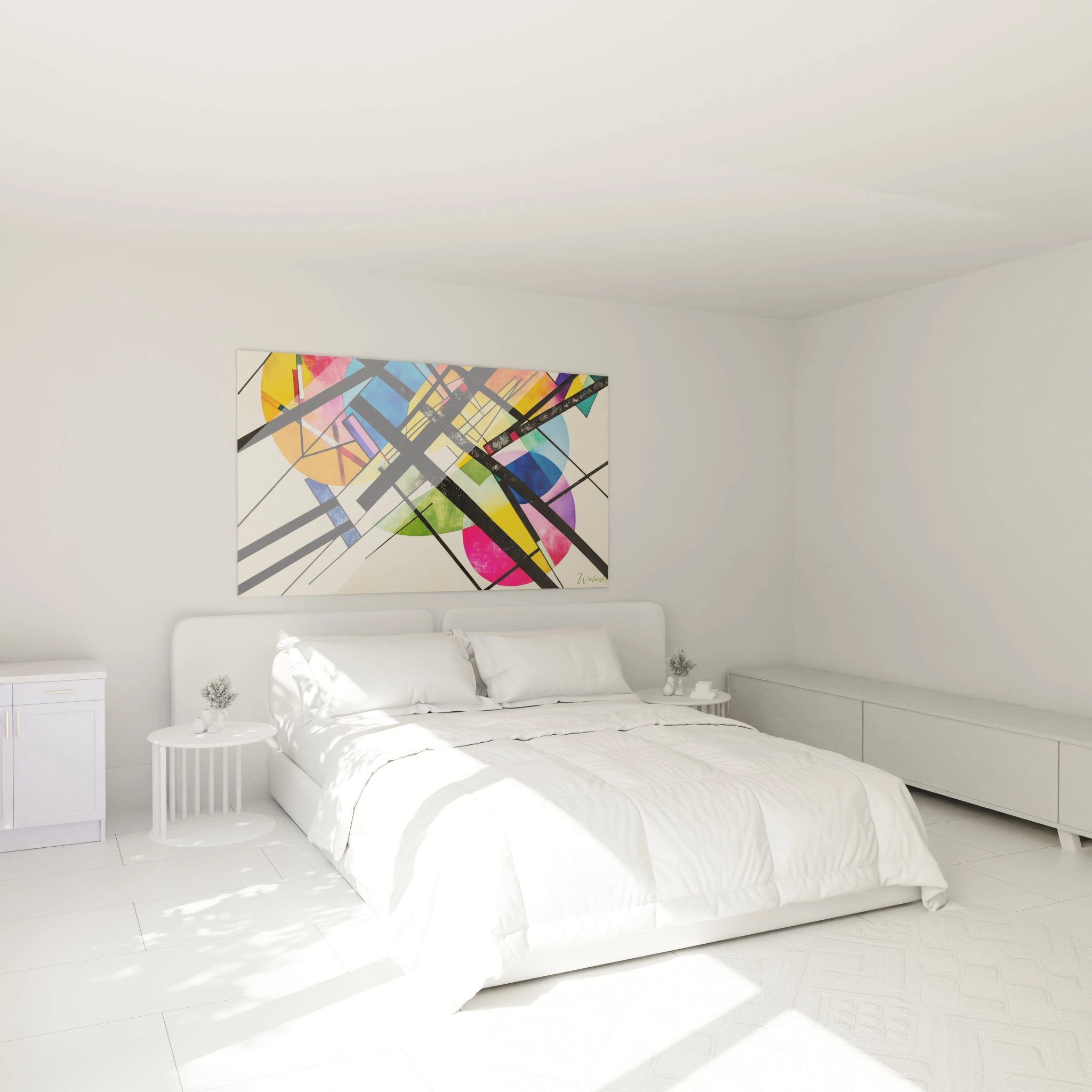 Tableau artistique abstrait avec des cercles et des courbes dynamiques, accentuées par des éclats de rouge, bleu et noir. Des traces de peinture ajoutent des textures variées à l'ensemble.