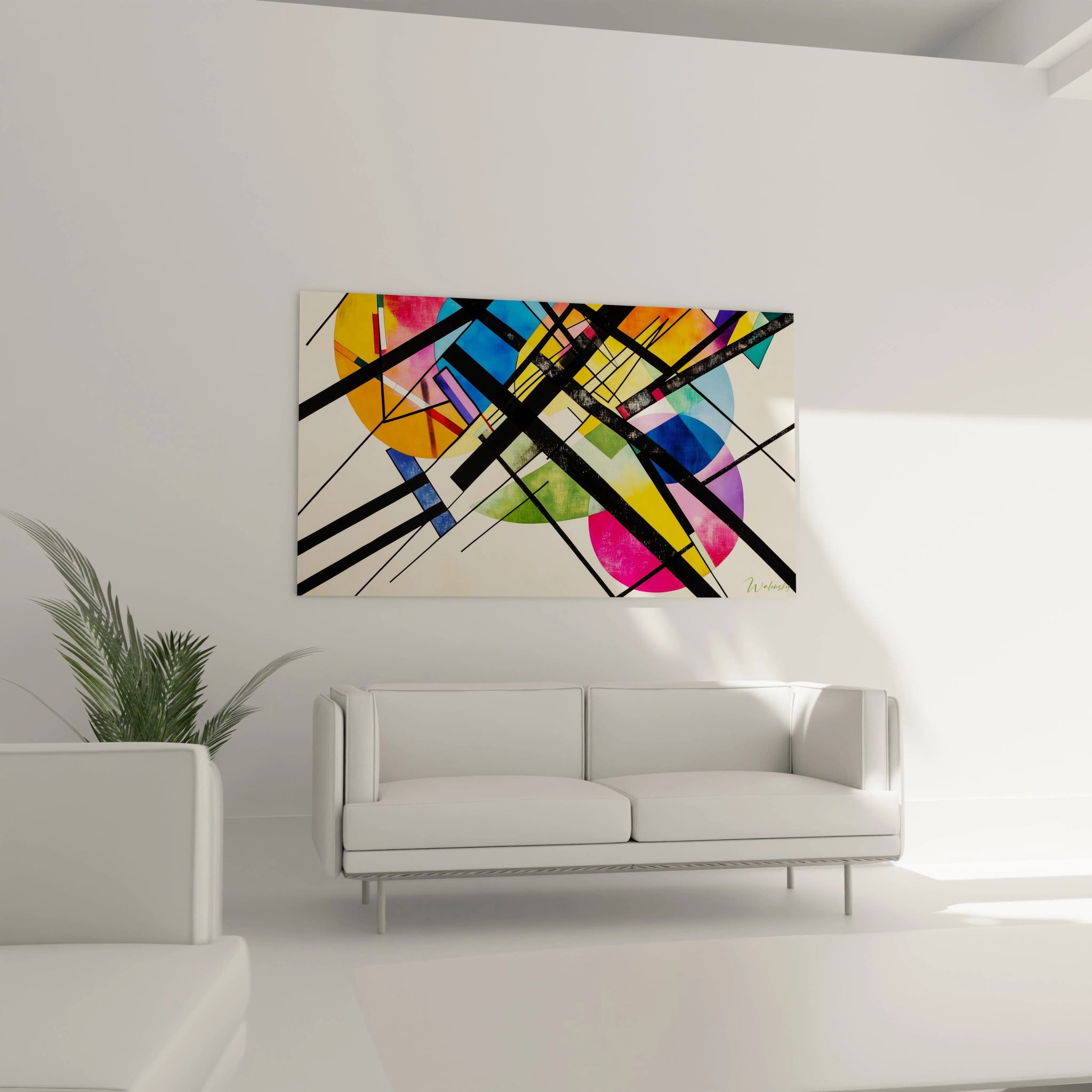 Un tableau artistique abstrait avec des formes géométriques et des lignes noires. Les couleurs dominantes sont le rouge, le bleu et le jaune, tandis que la texture présente des coups de pinceau visibles et des dégradés de couleurs.