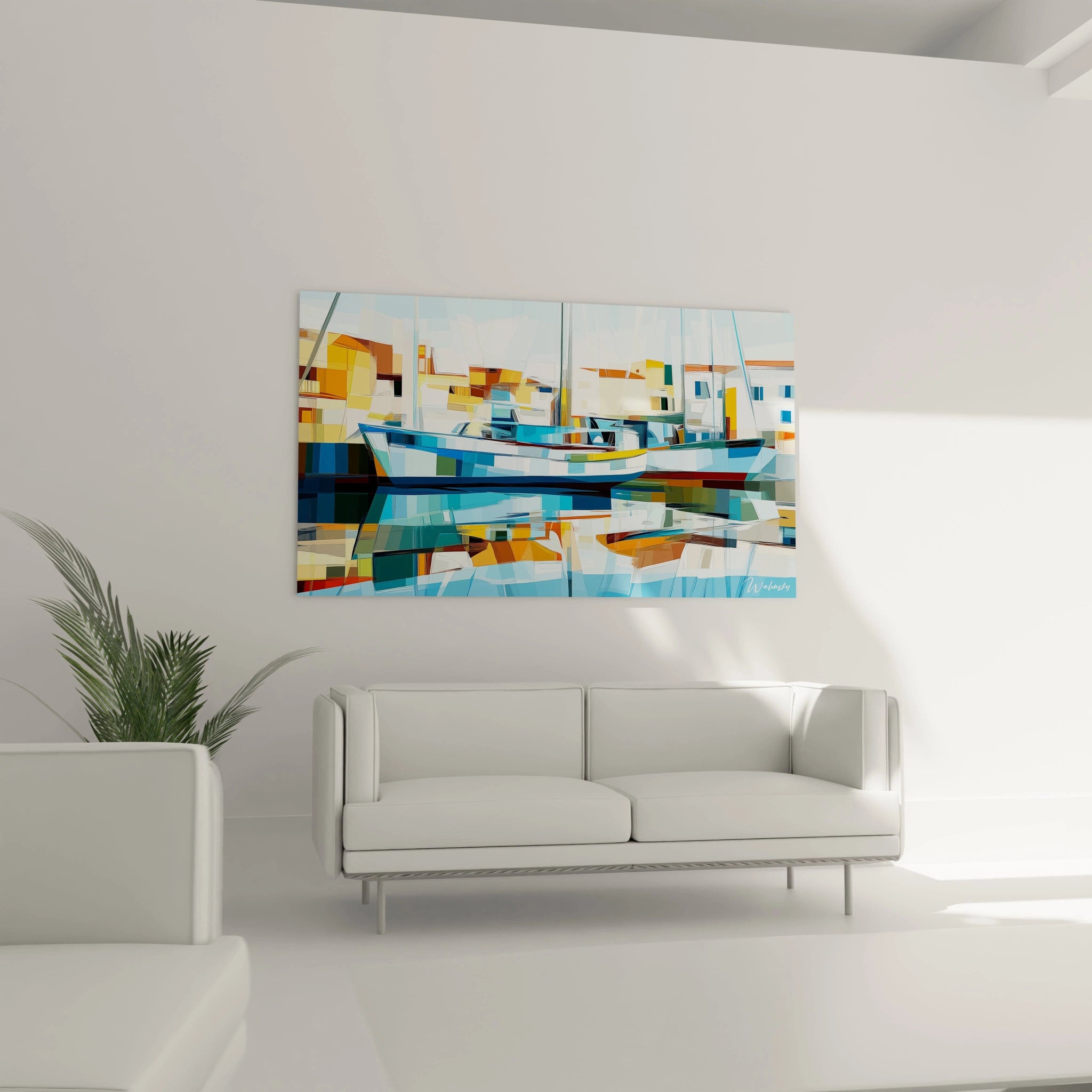 Un tableau Alfred Sisley illustrant une scène portuaire avec des voiliers stylisés et une architecture en arrière-plan. Les formes sont décomposées en surfaces géométriques, avec des nuances de bleu, jaune et blanc.