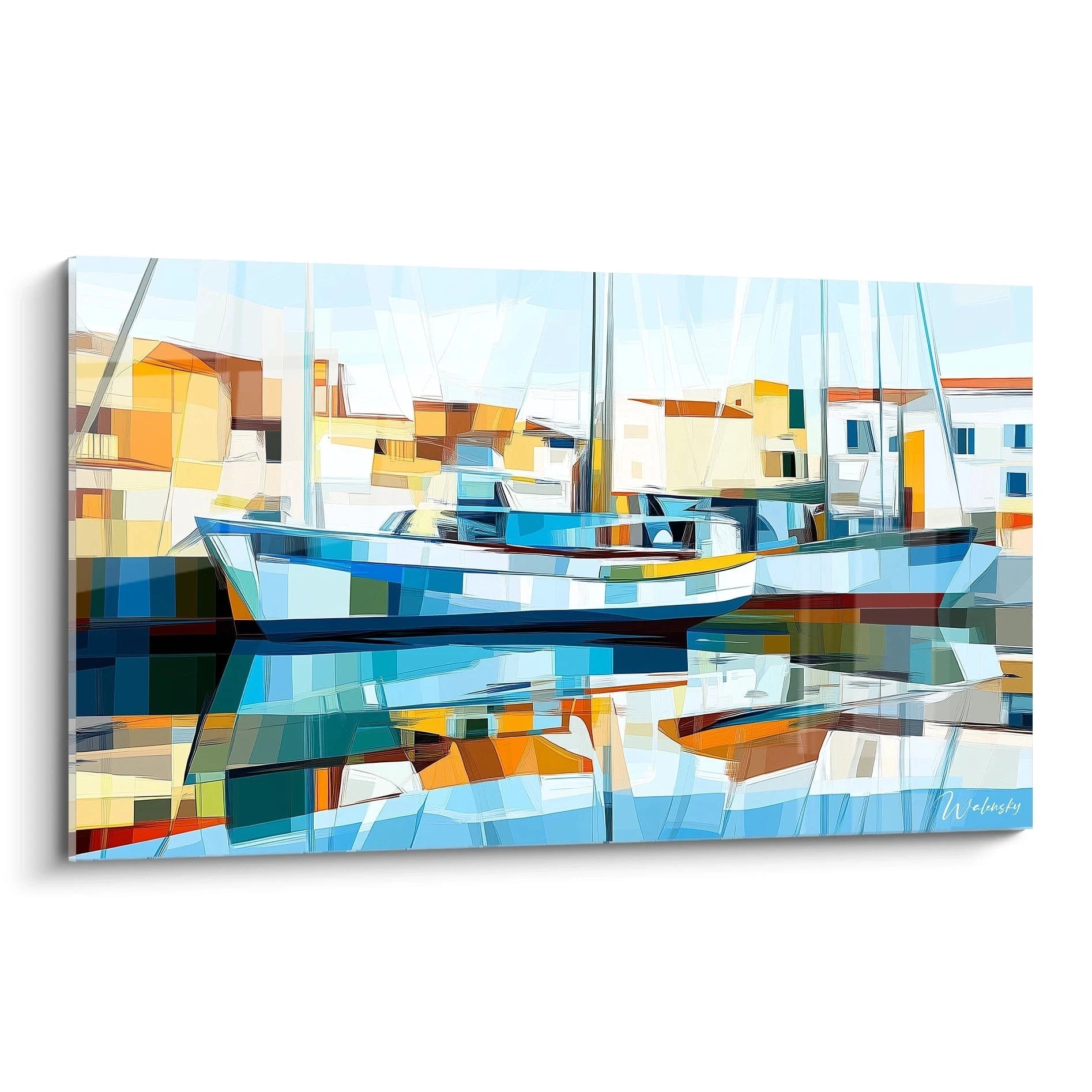 Un tableau Alfred Sisley représentant un port avec des voiliers et leurs reflets sur l’eau. Les couleurs dominantes sont le bleu, le jaune et le blanc, avec des textures géométriques et des lignes nettes.