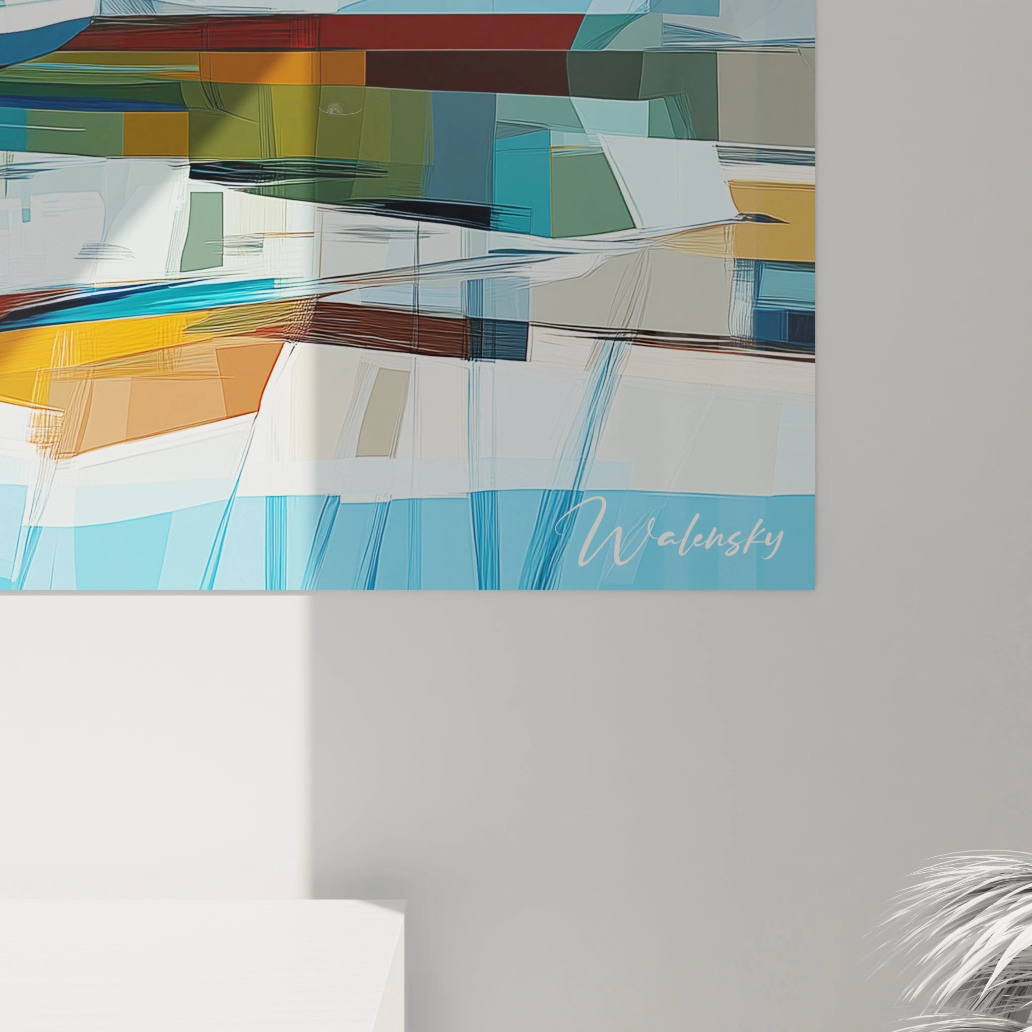 Un tableau Alfred Sisley présentant un paysage marin avec des bateaux et des reflets abstraits. Les contrastes entre les lignes angulaires et les couleurs vives comme le bleu et l’ocre renforcent la composition.