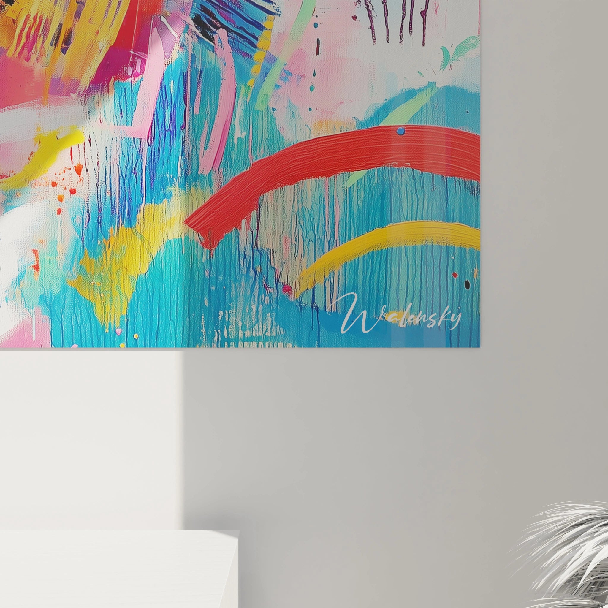 Une Ćuvre abstraite Wassily Kandinsky composĂ©e de cercles et de lignes vives, utilisant des couleurs Ă©clatantes comme le bleu, le jaune et le rose, avec des textures complexes.