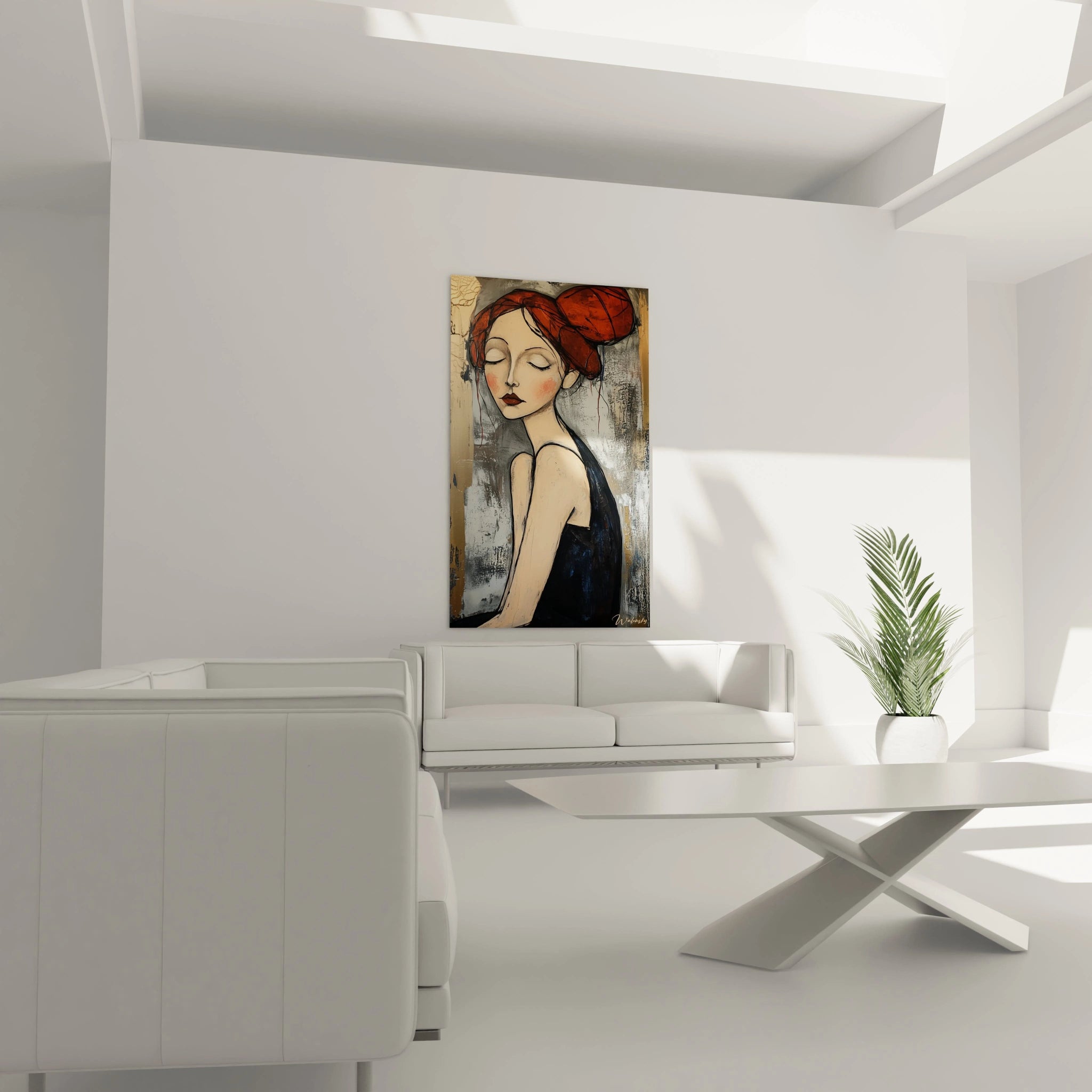 Un tableau Amedeo Modigliani montrant un visage féminin allongé, cheveux rouge foncé, fond gris avec des nuances dorées, et des détails accentués par des lignes noires nettes.