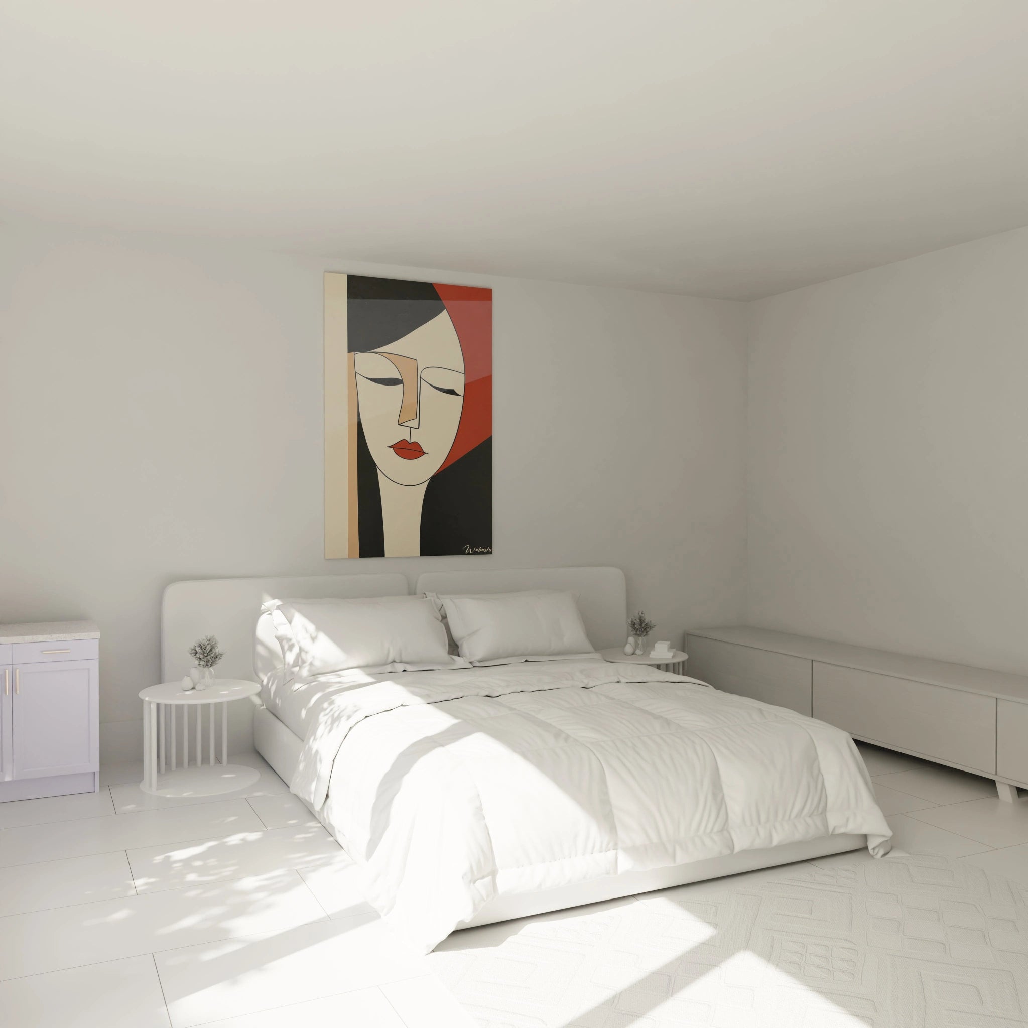 Tableau Amedeo Modigliani illustrant un portrait abstrait avec des lignes noires marquées, des zones de couleur rouge vif, beige clair et noir profond, sans textures apparentes.