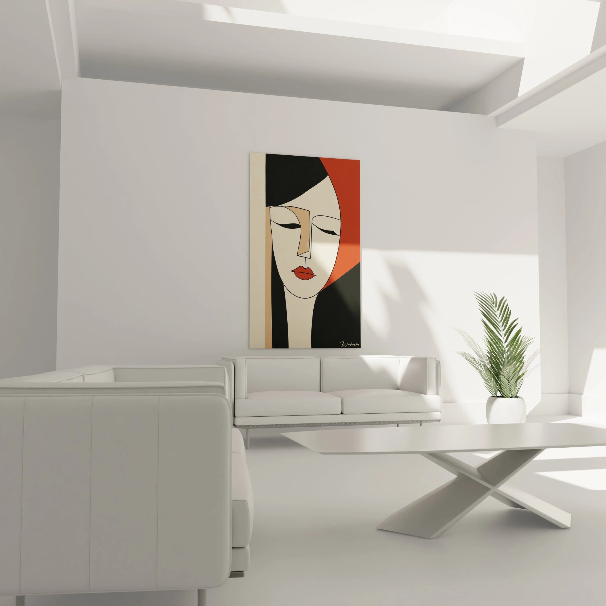 Un tableau Amedeo Modigliani montrant un visage minimaliste, composé de formes géométriques simples, avec des couleurs dominantes rouge, beige et noir, et des contours épurés.