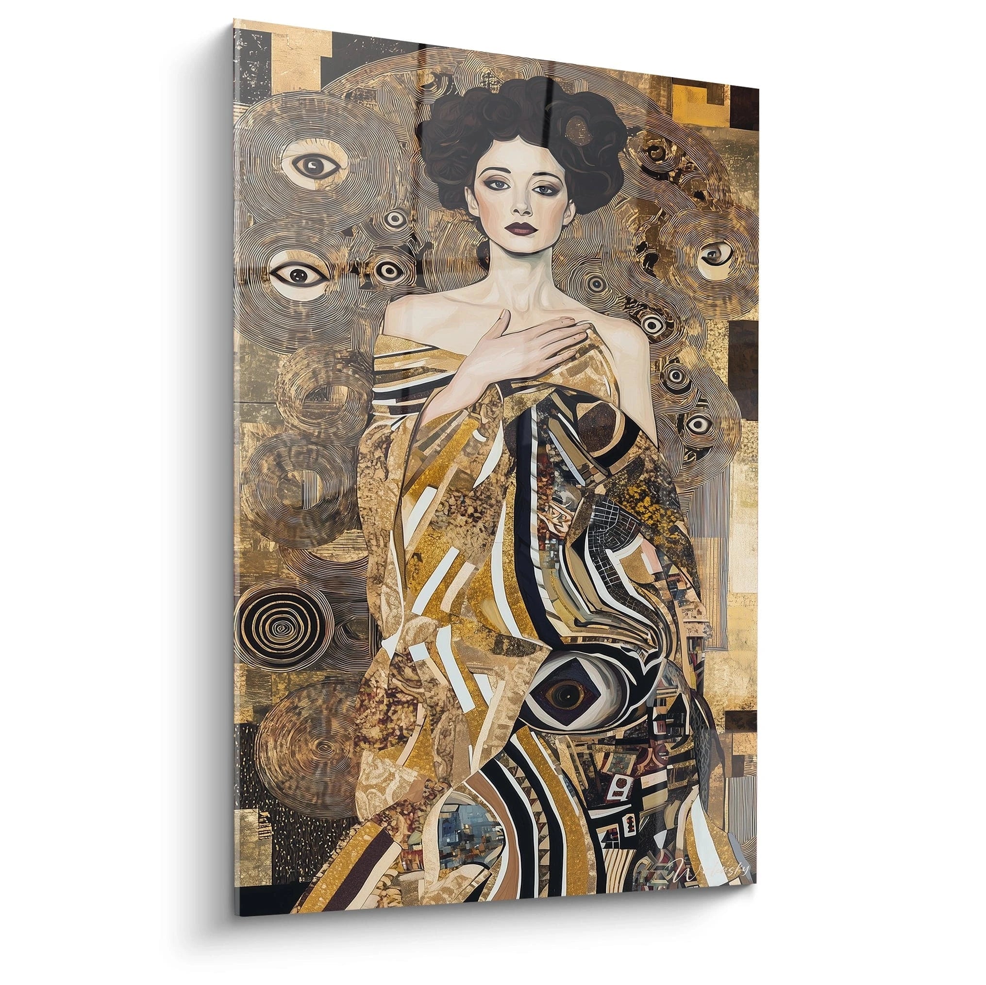 Un tableau Gustav Klimt représentant une figure féminine centrale, entourée de formes géométriques et de spirales dorées, avec des couleurs dominantes de noir, or et beige.