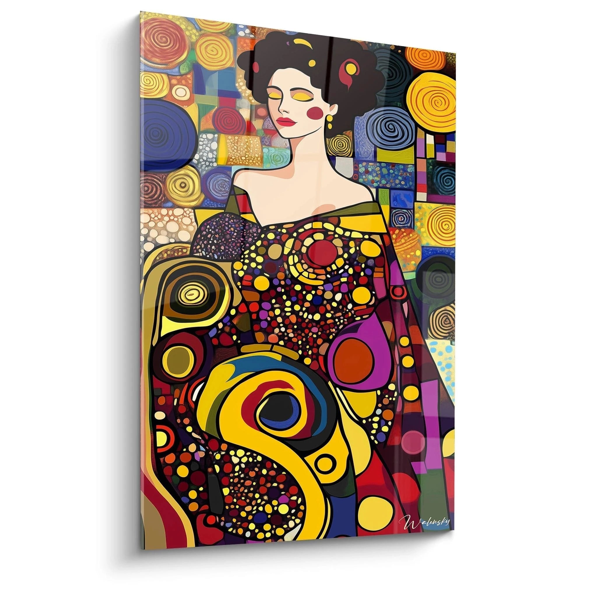 Un tableau Gustav Klimt montrant une femme stylisée entourée de motifs circulaires, avec des couleurs dominantes jaune, rouge et violet, sur un fond riche en détails géométriques.