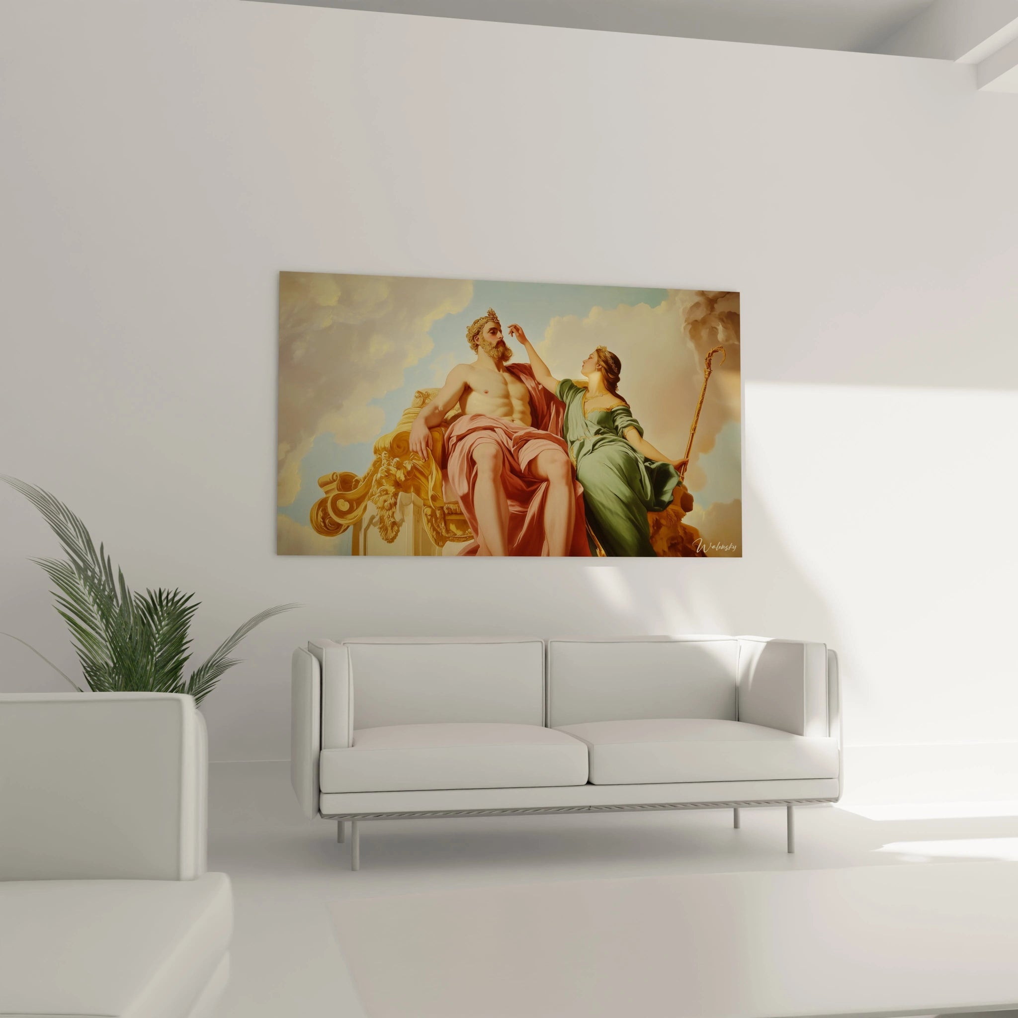 Détail d’un tableau Jean-Auguste-Dominique Ingres illustrant la texture lisse des peaux, les plis des drapés roses et verts, et les ornements dorés du trône sur un fond de ciel bleu pâle.
