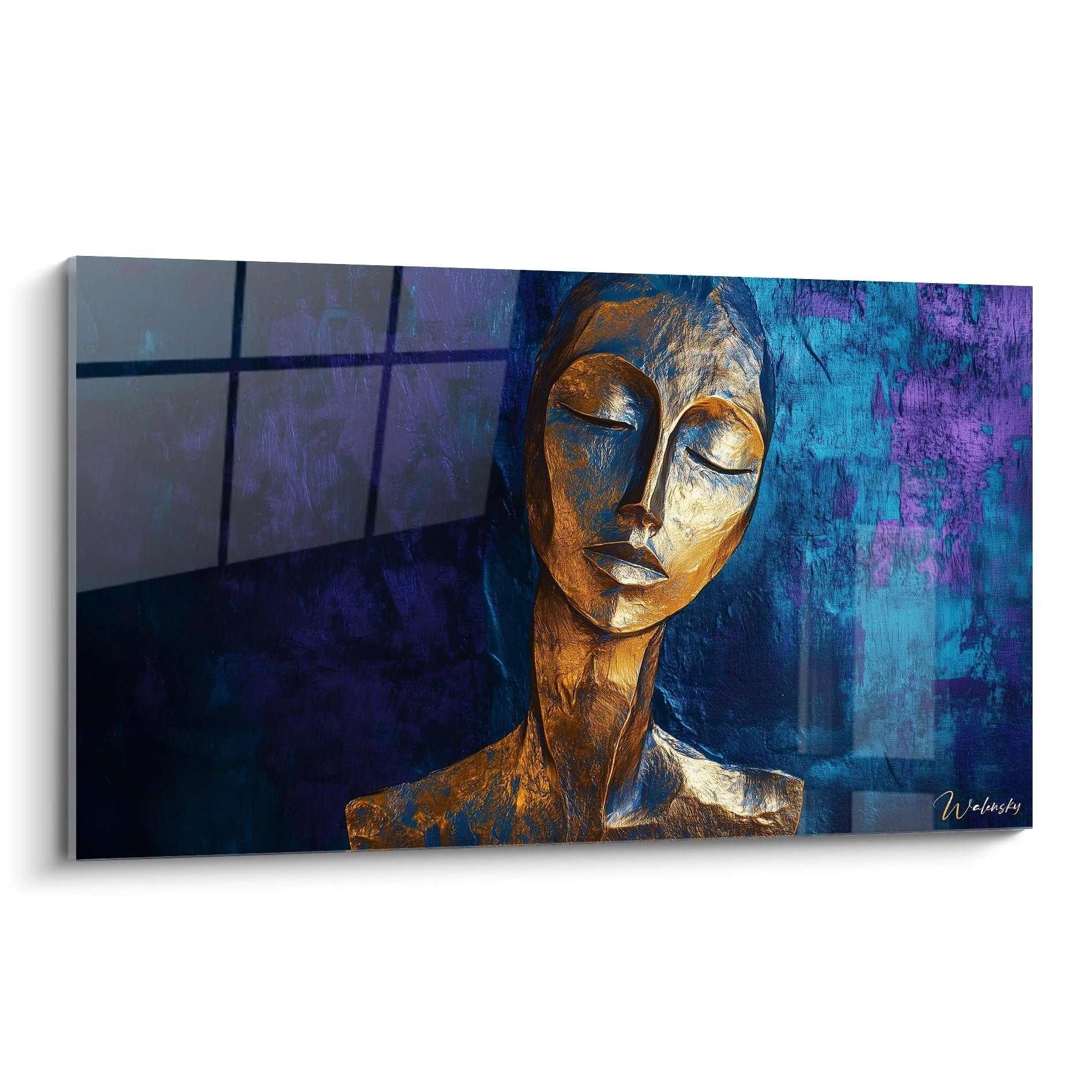 Un tableau Amedeo Modigliani représentant un visage stylisé aux yeux fermés, avec des textures dorées en relief sur un fond bleu et violet texturé.