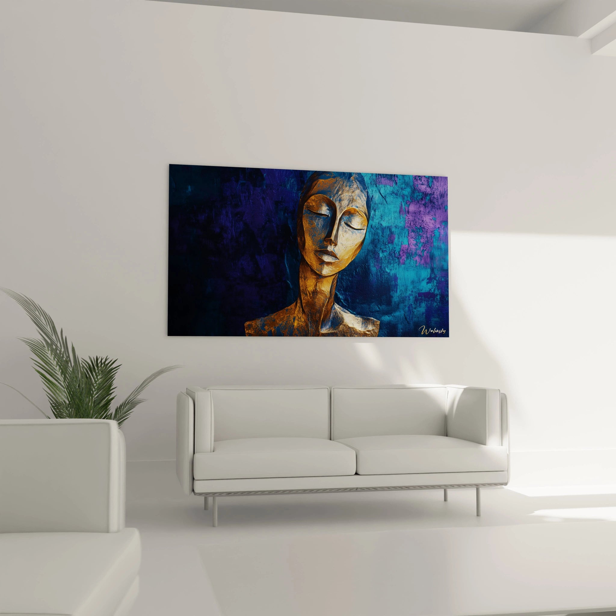 Un tableau Amedeo Modigliani montrant un buste stylisé en or, aux textures métalliques marquées, sur un fond mêlant des nuances de bleu et de violet.