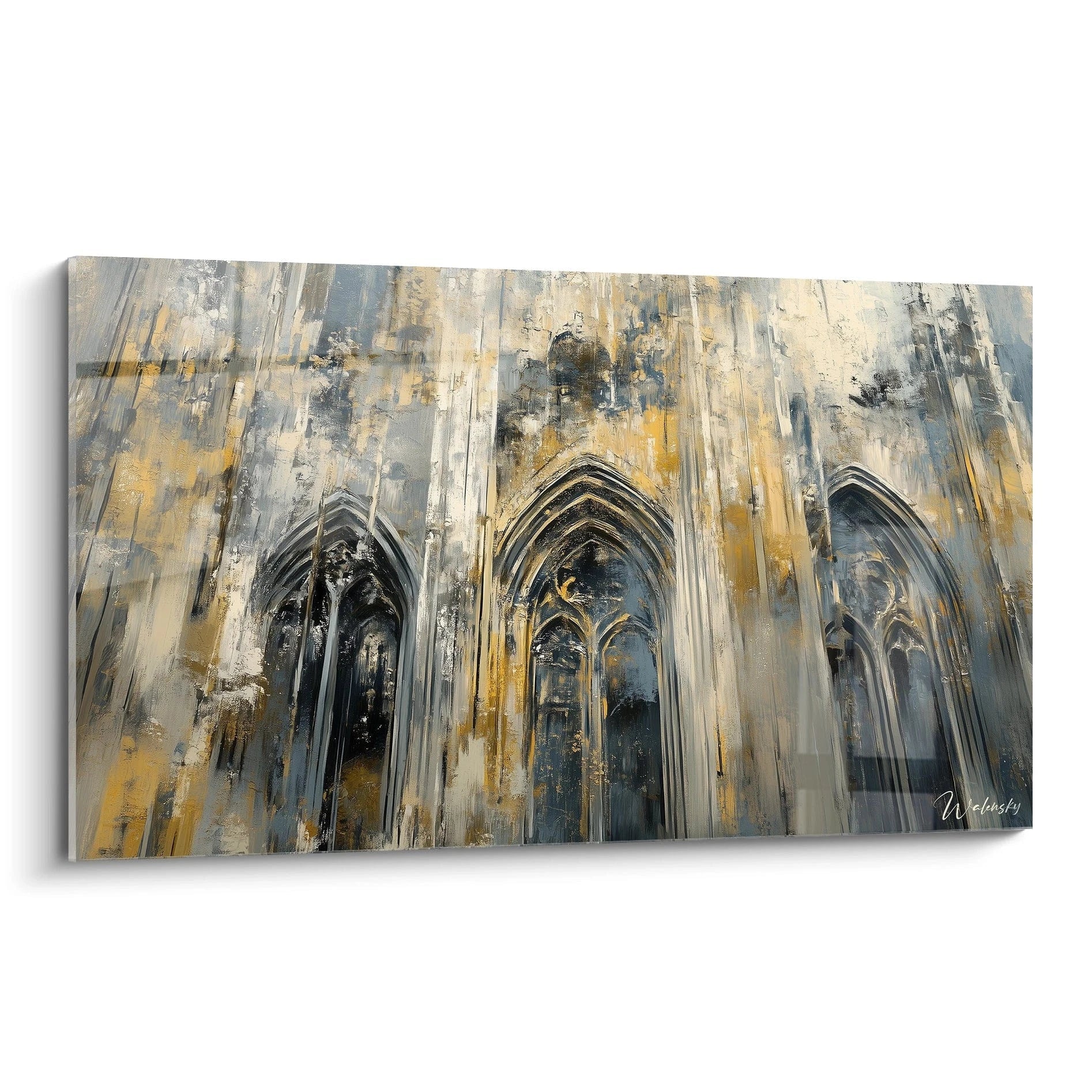 Un tableau claude monet représentant des arcs gothiques élancés, avec des tons gris profonds, dorés et beige, et des textures floues et superposées.