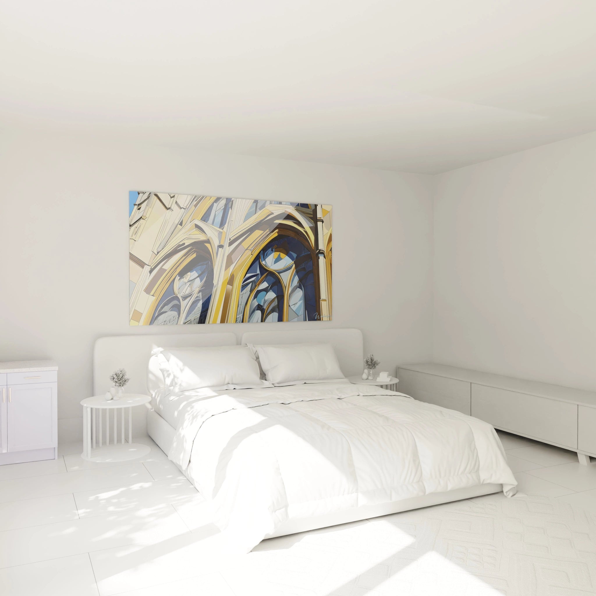 Tableau claude monet mettant en avant des motifs d’arcs gothiques détaillés, avec des reflets dorés et des teintes de beige, soulignés par des textures graphiques épurées.