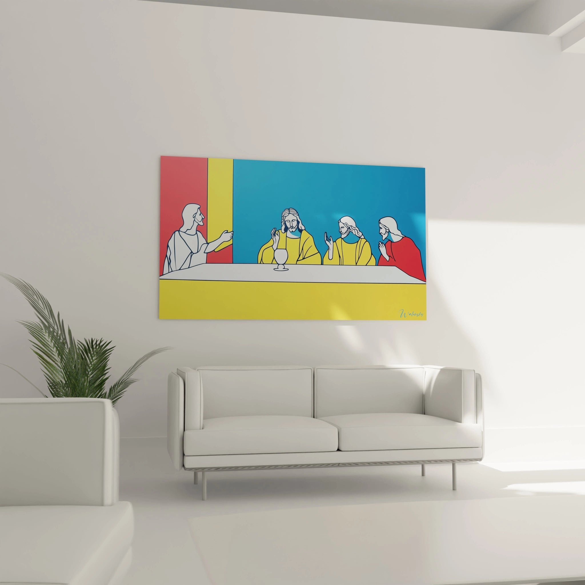 Un tableau Léonard de Vinci inspiré de La Cène, avec des personnages schématiques en jaune et rouge, des aplats de couleurs primaires et des contours noirs nets sans ombrage ni texture visible.