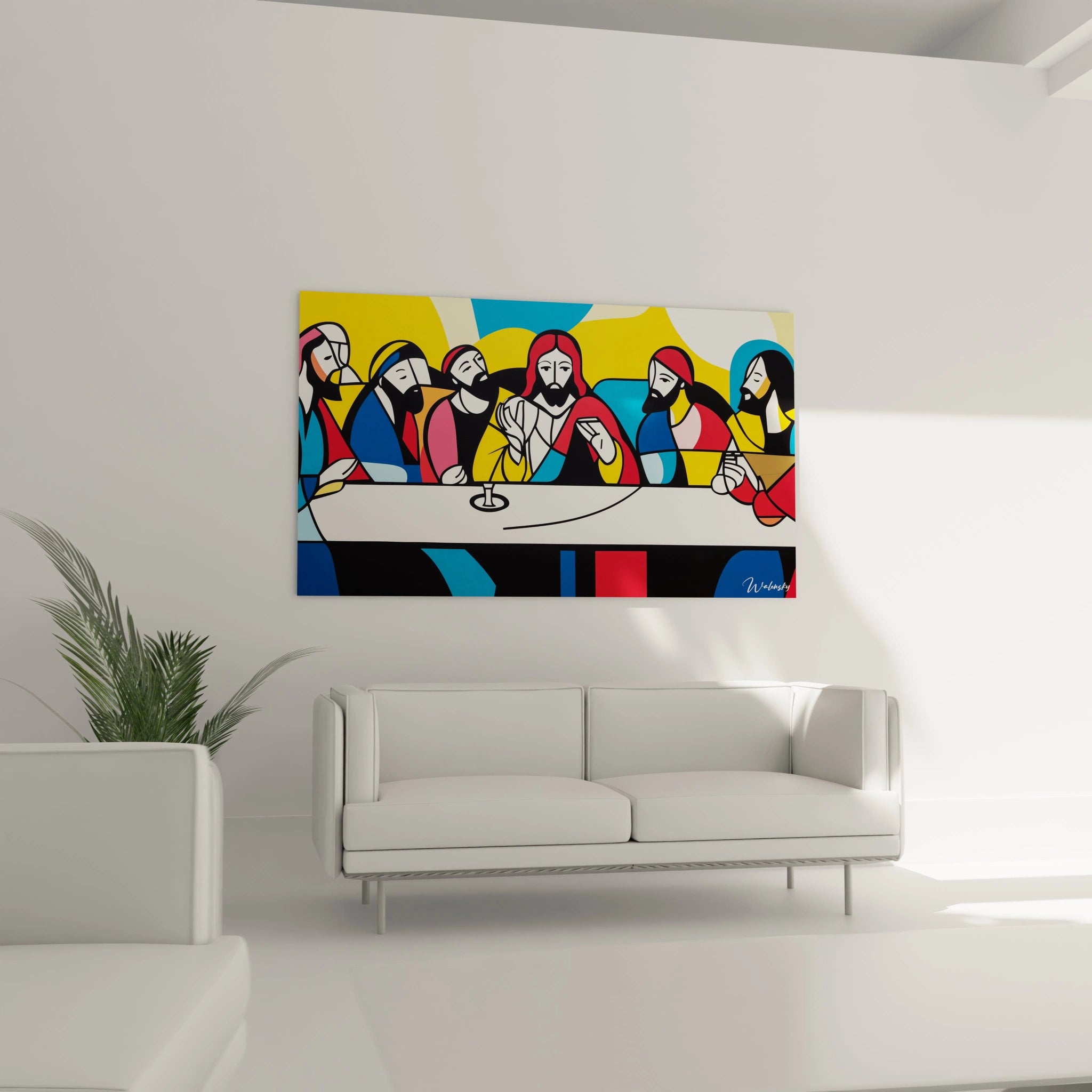 Un tableau Léonard de Vinci illustrant une composition aux lignes noires épaisses, mettant en avant une scène dynamique avec des couleurs primaires saturées et une structure graphique épurée.