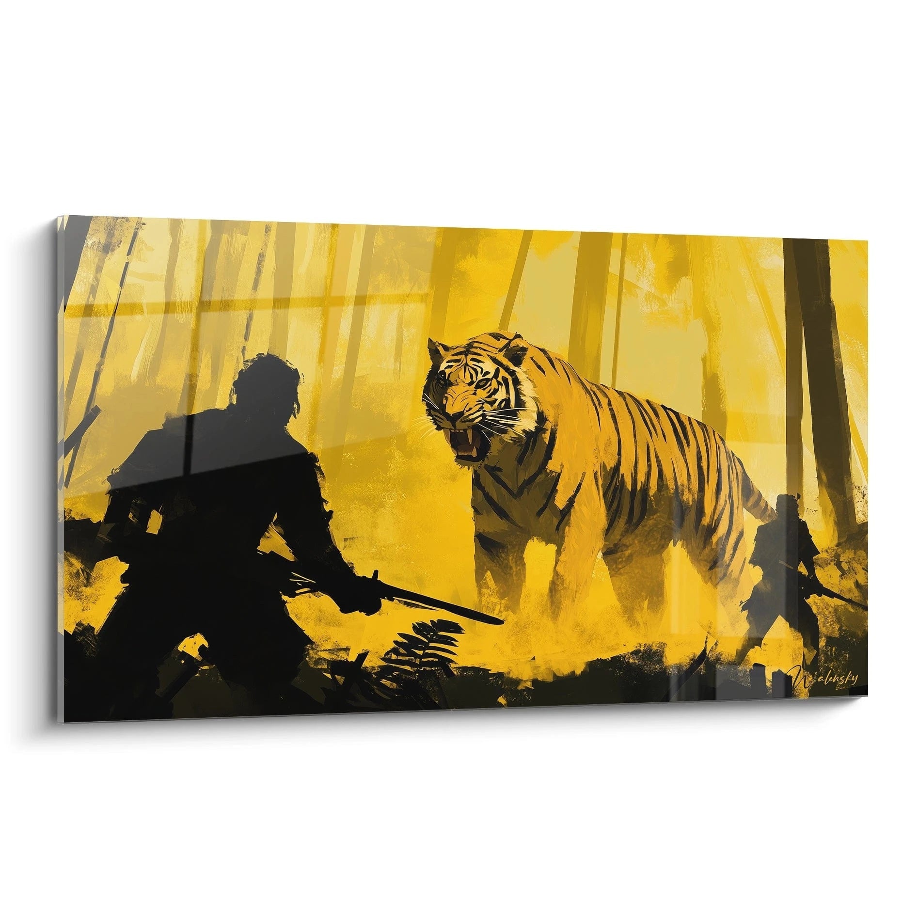 Un tableau Peter Paul Rubens représentant un tigre aux rayures noires avançant dans une forêt jaune vif, face à deux silhouettes sombres. Des textures floues et des contrastes marqués accentuent la profondeur.