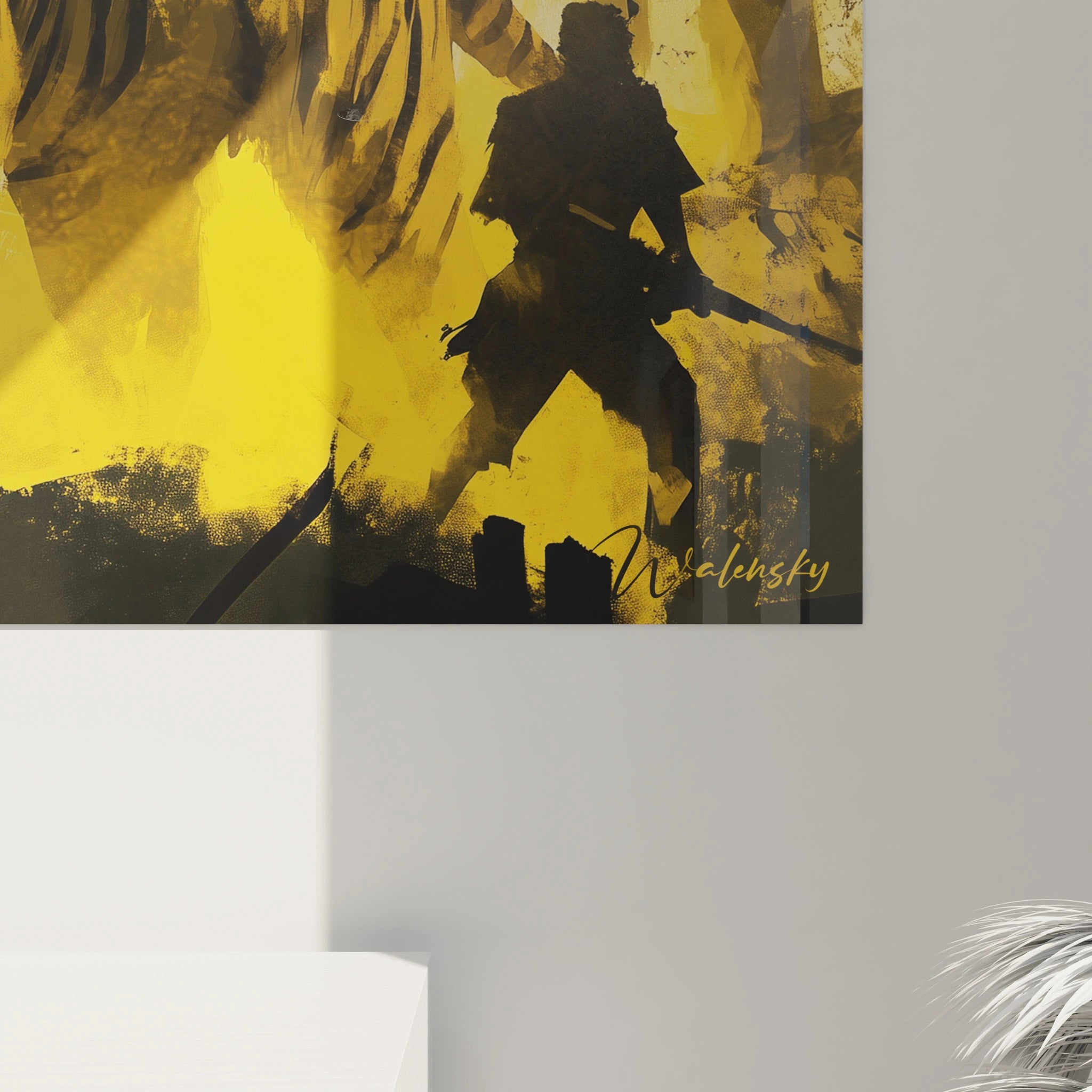 Un tableau Peter Paul Rubens capturant une scène dynamique dans une jungle stylisée, où un tigre avance sur un fond jaune intense, structuré par des troncs d’arbres sombres et des textures picturales.