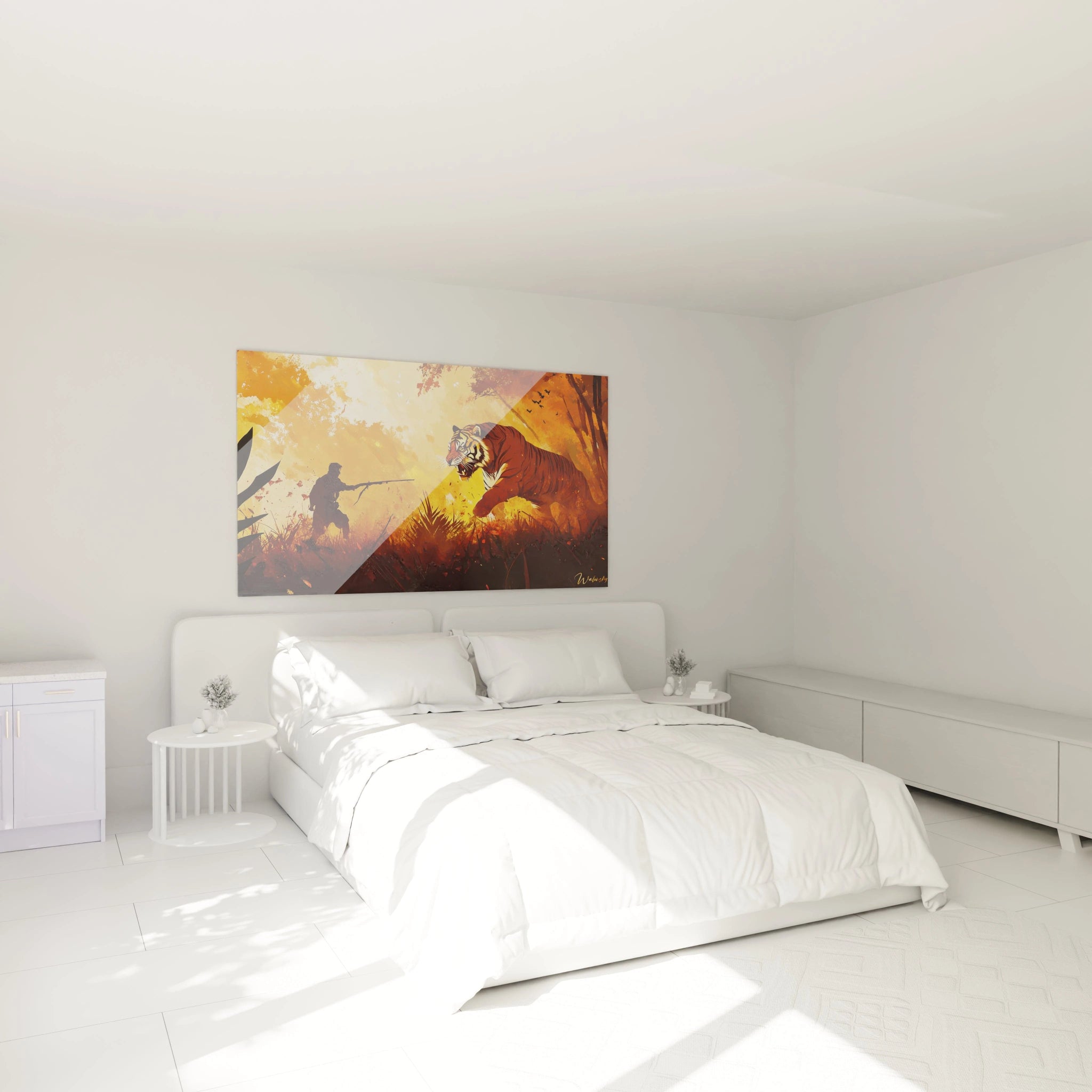 Un tableau Peter Paul Rubens montrant un chasseur pointant une lance vers un tigre bondissant, entouré de végétation sombre et de feuillages, avec un arrière-plan lumineux en dégradés de jaune, orange et rouge.