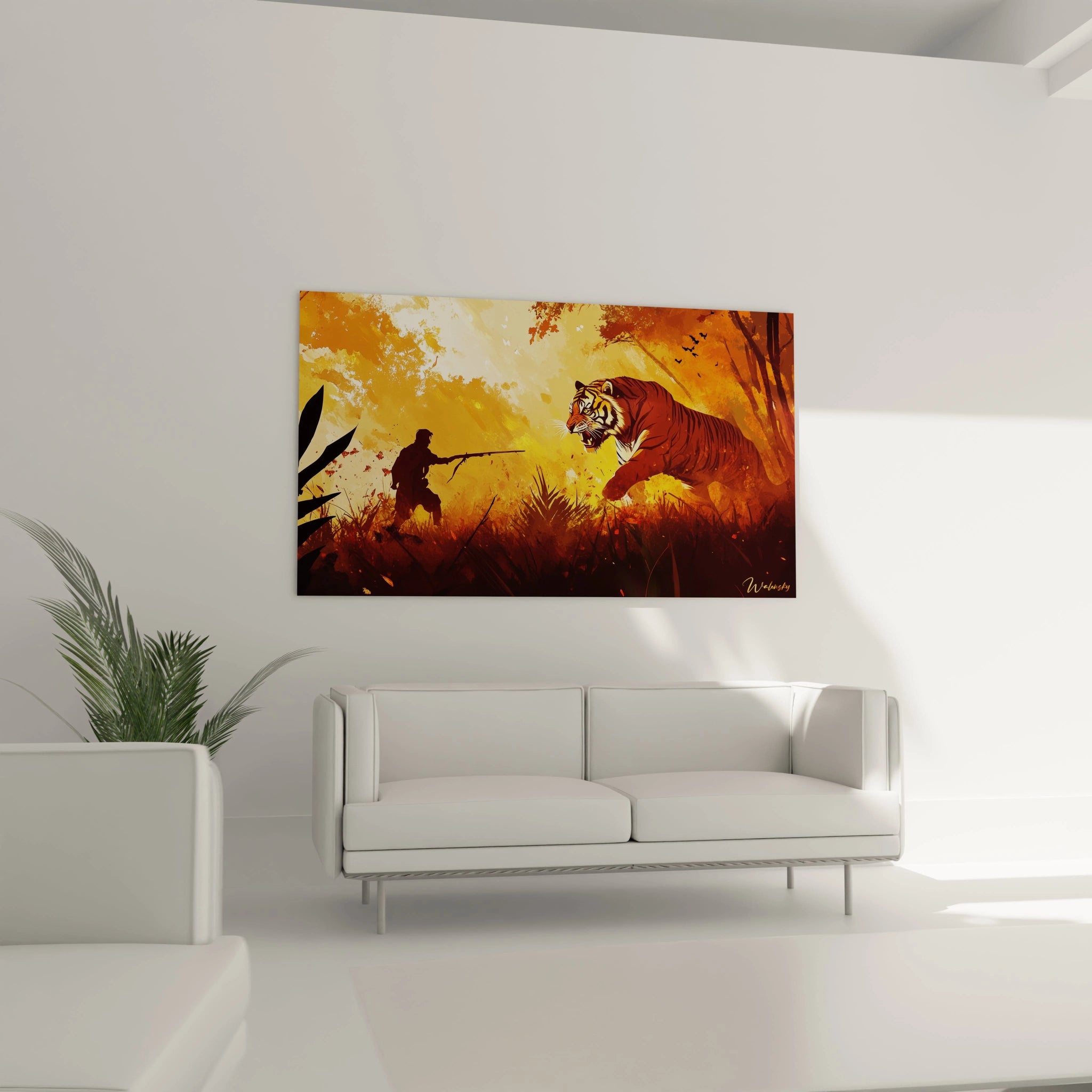 Un tableau Peter Paul Rubens représentant une scène de jungle, où un tigre s’avance face à une silhouette humaine. La composition joue sur des contrastes de lumière, des teintes ardentes et des textures dynamiques.