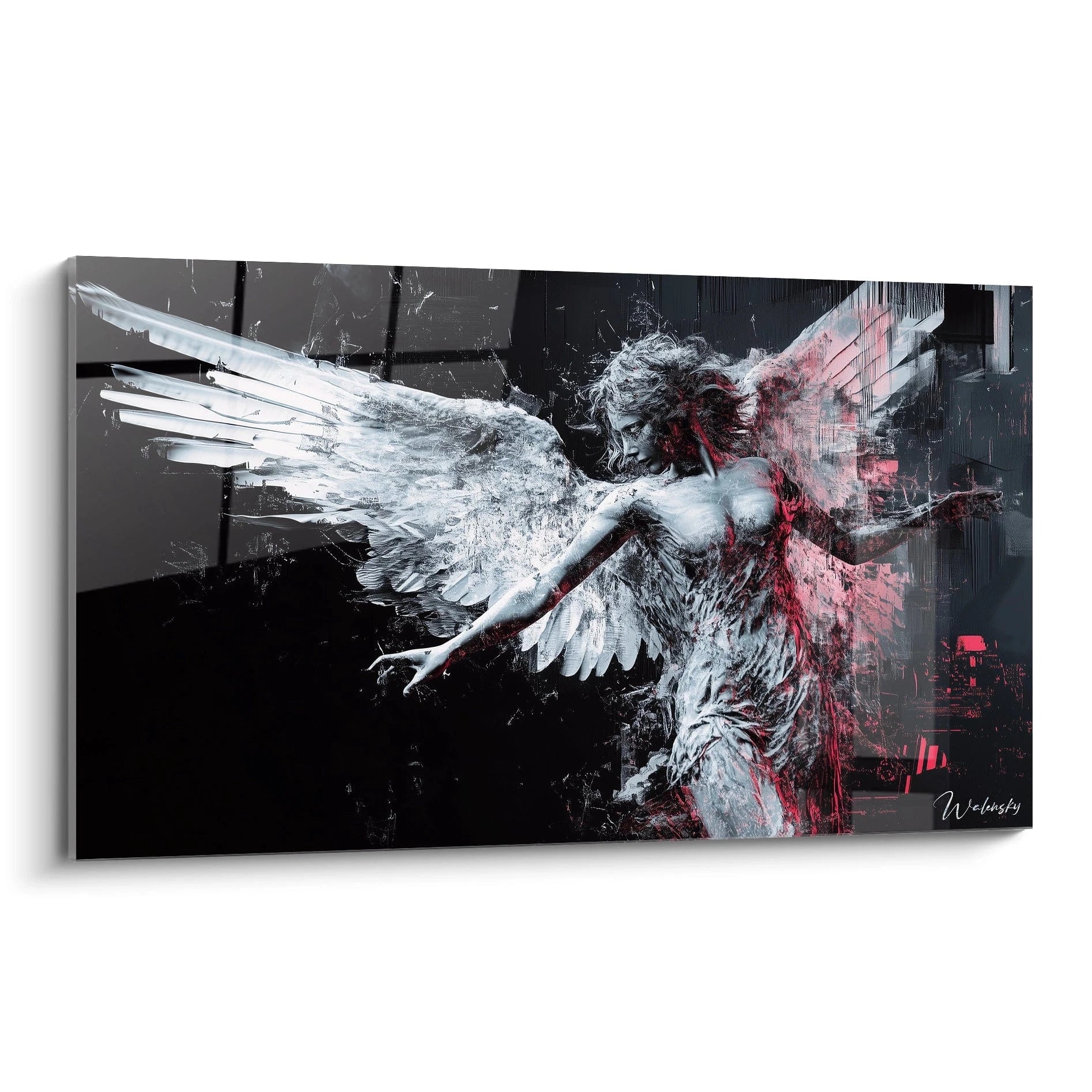 Un tableau Pieter Bruegel l'Ancien représentant une figure ailée en mouvement, avec des teintes blanches, noires et rouges, des textures éclatées et des contrastes marqués sur un fond sombre.