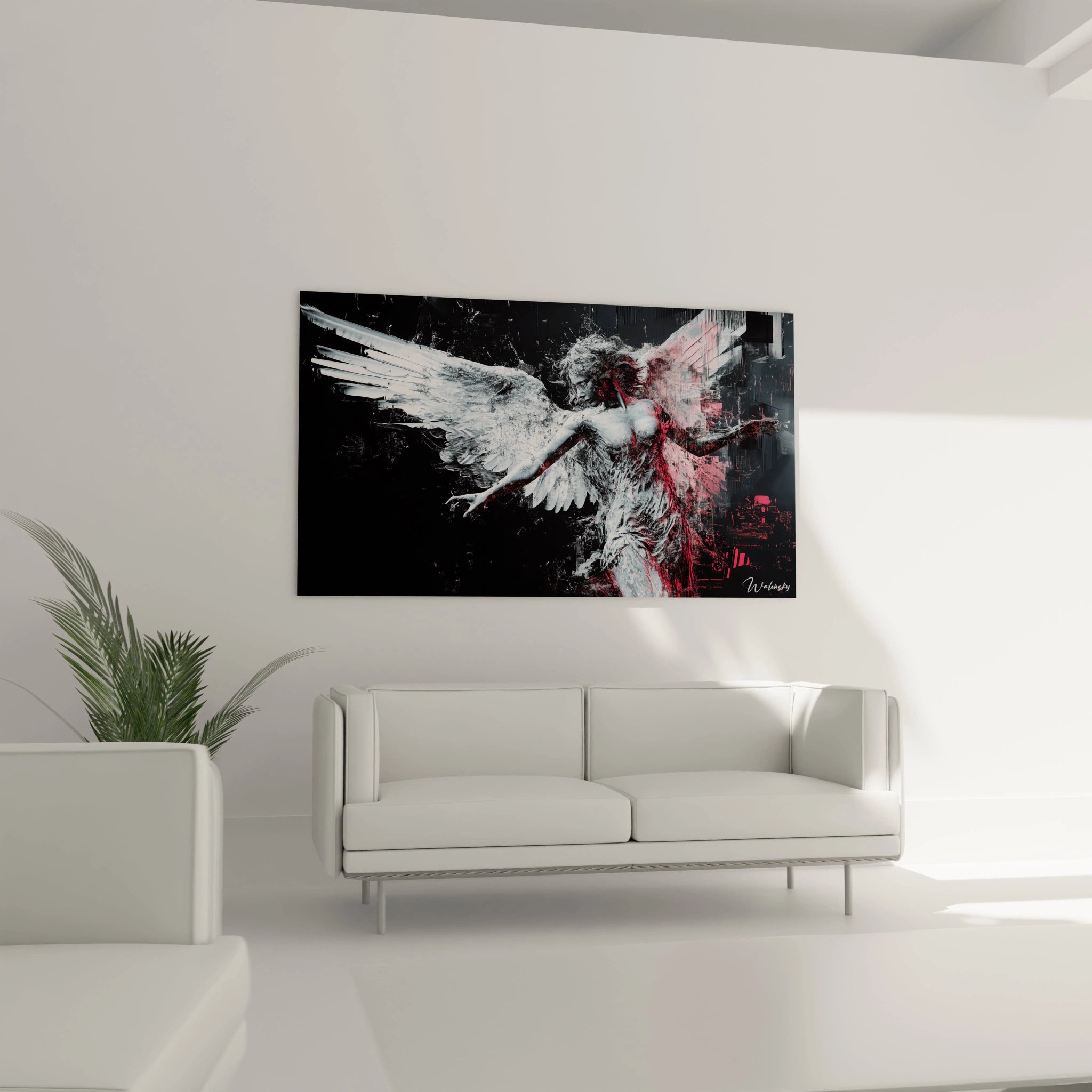 Un tableau Pieter Bruegel l'Ancien mettant en scène un personnage aux ailes déployées, avec une palette noire, blanche et rouge, des superpositions texturées et des lignes dynamiques créant un effet de mouvement.