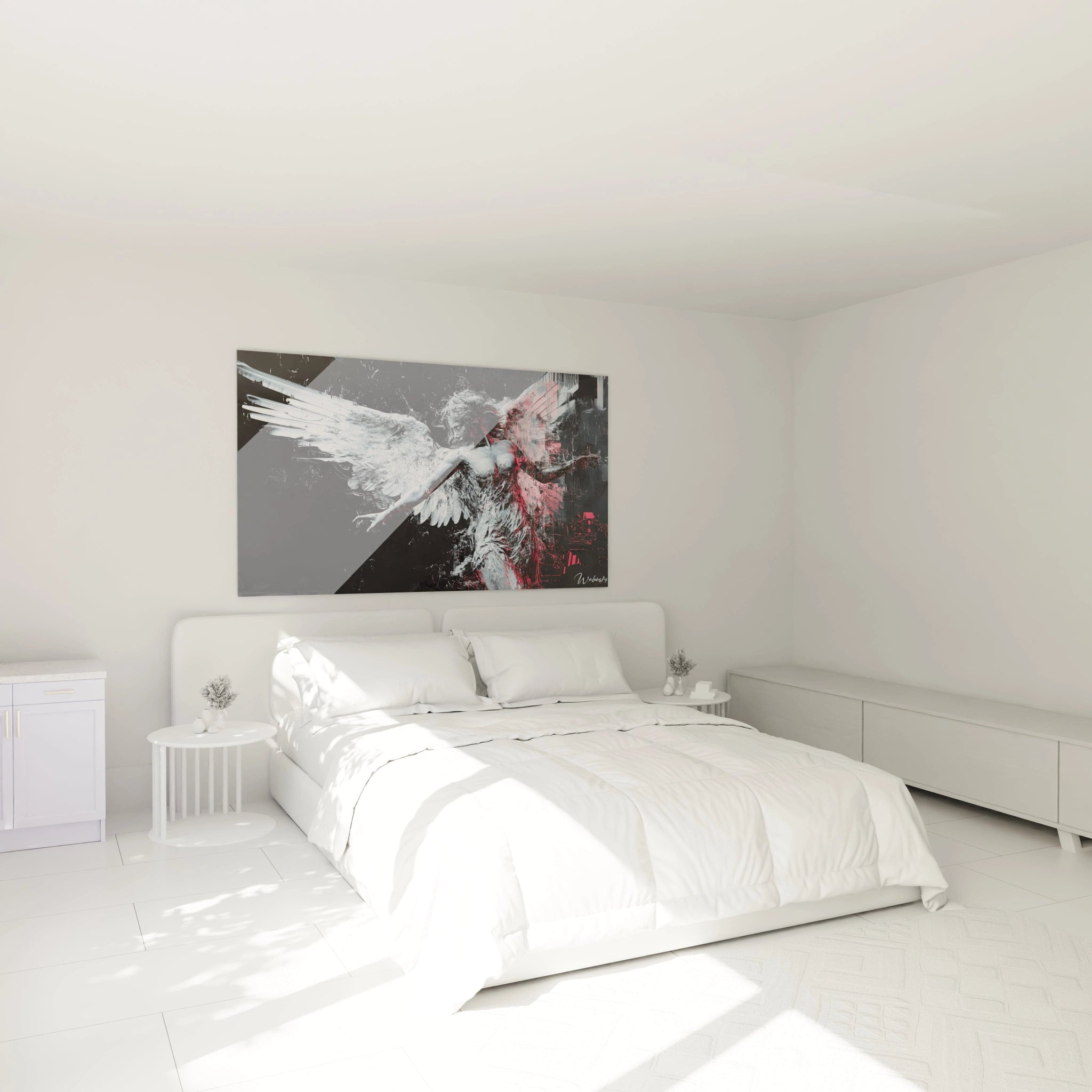 Un tableau Pieter Bruegel l'Ancien illustrant une silhouette humaine ailée, dominée par le blanc et le rouge, avec des effets de matière fragmentée et des zones texturées en contraste avec le fond noir.