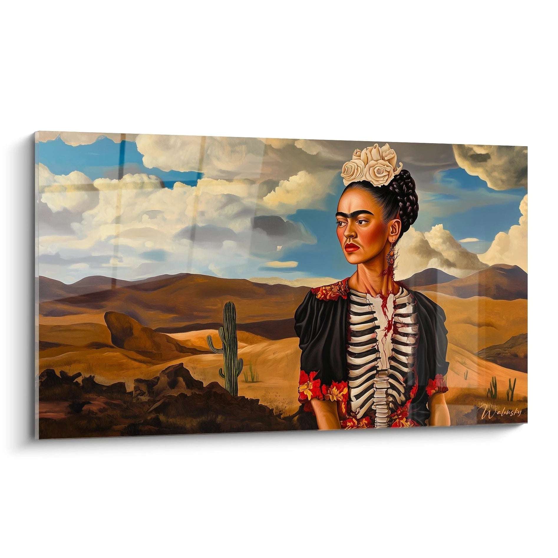 Un tableau Frida Kahlo représentant une femme de face, avec une cage thoracique visible, des fleurs blanches sur la tête, et des teintes rouges, marron, et bleues sur un fond désertique.