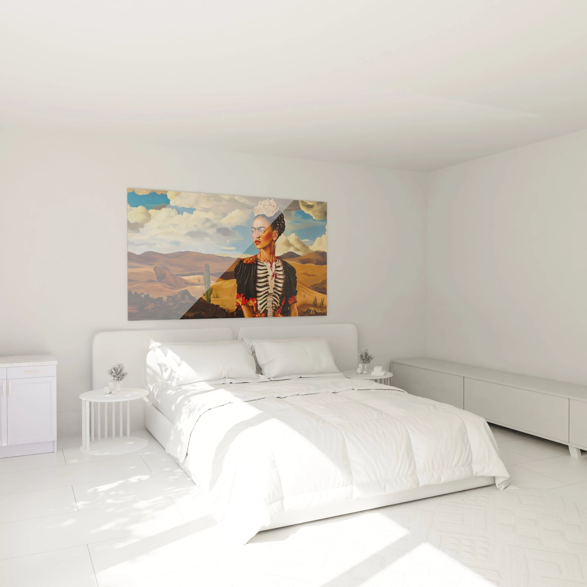 Un tableau Frida Kahlo montrant une figure féminine ornée de vêtements noirs, avec des détails anatomiques peints en blanc et rouge, sur un paysage de montagnes et un ciel bleu nuageux.