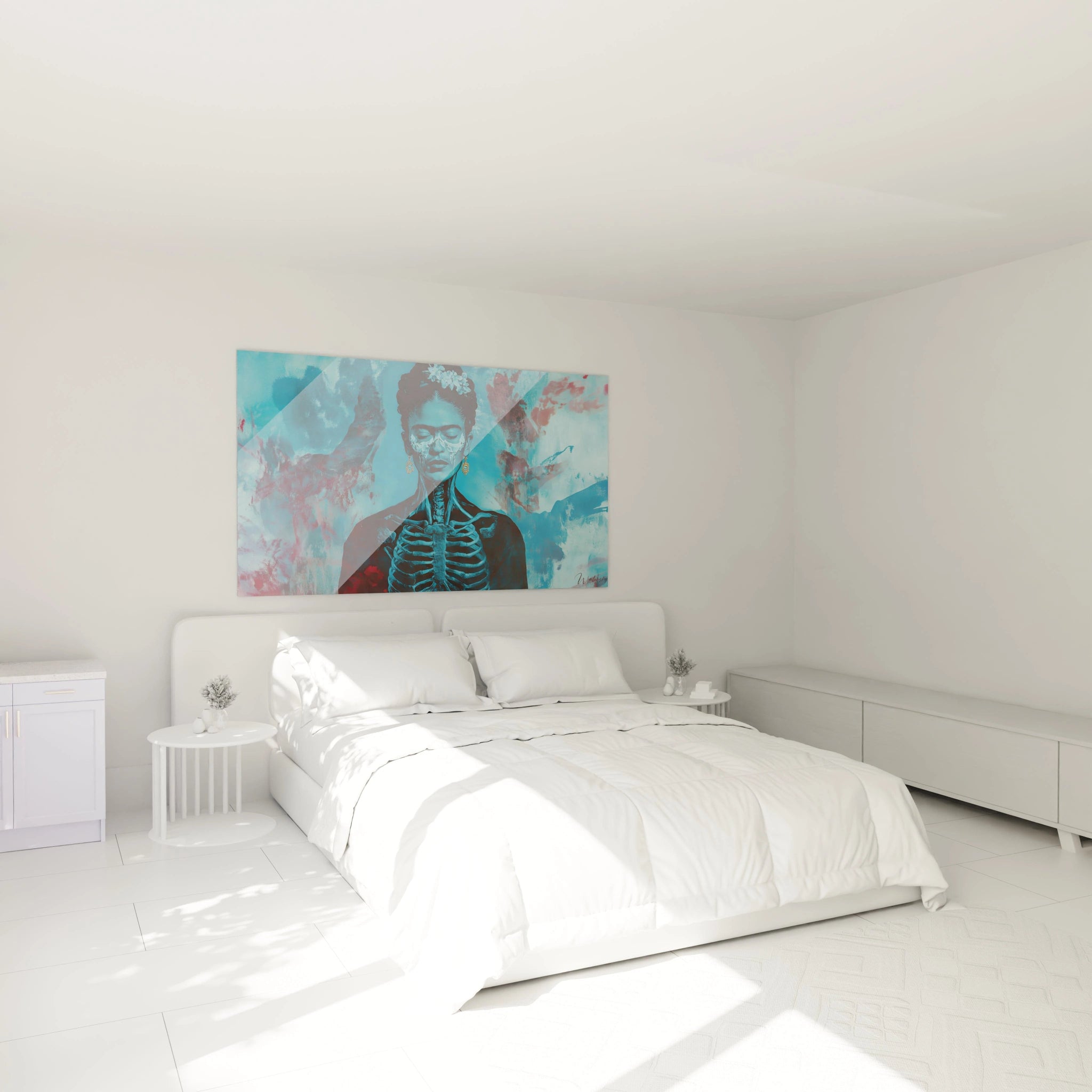 Tableau Frida Kahlo centré sur un portrait féminin stylisé, utilisant des tons de bleu, rouge et blanc, avec des détails linéaires et des effets de superposition.