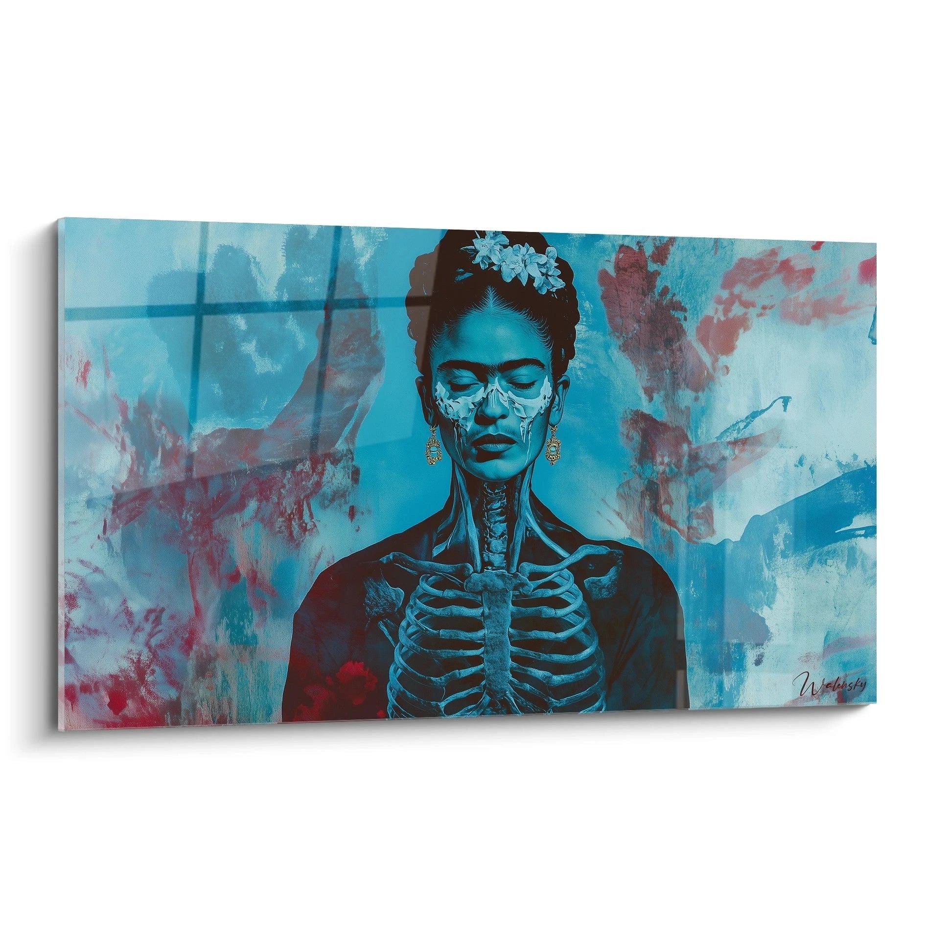 Un tableau Frida Kahlo montrant un visage féminin avec des os visibles, des couleurs dominantes bleu, rouge et blanc, et des textures lisses avec des fonds diffus.