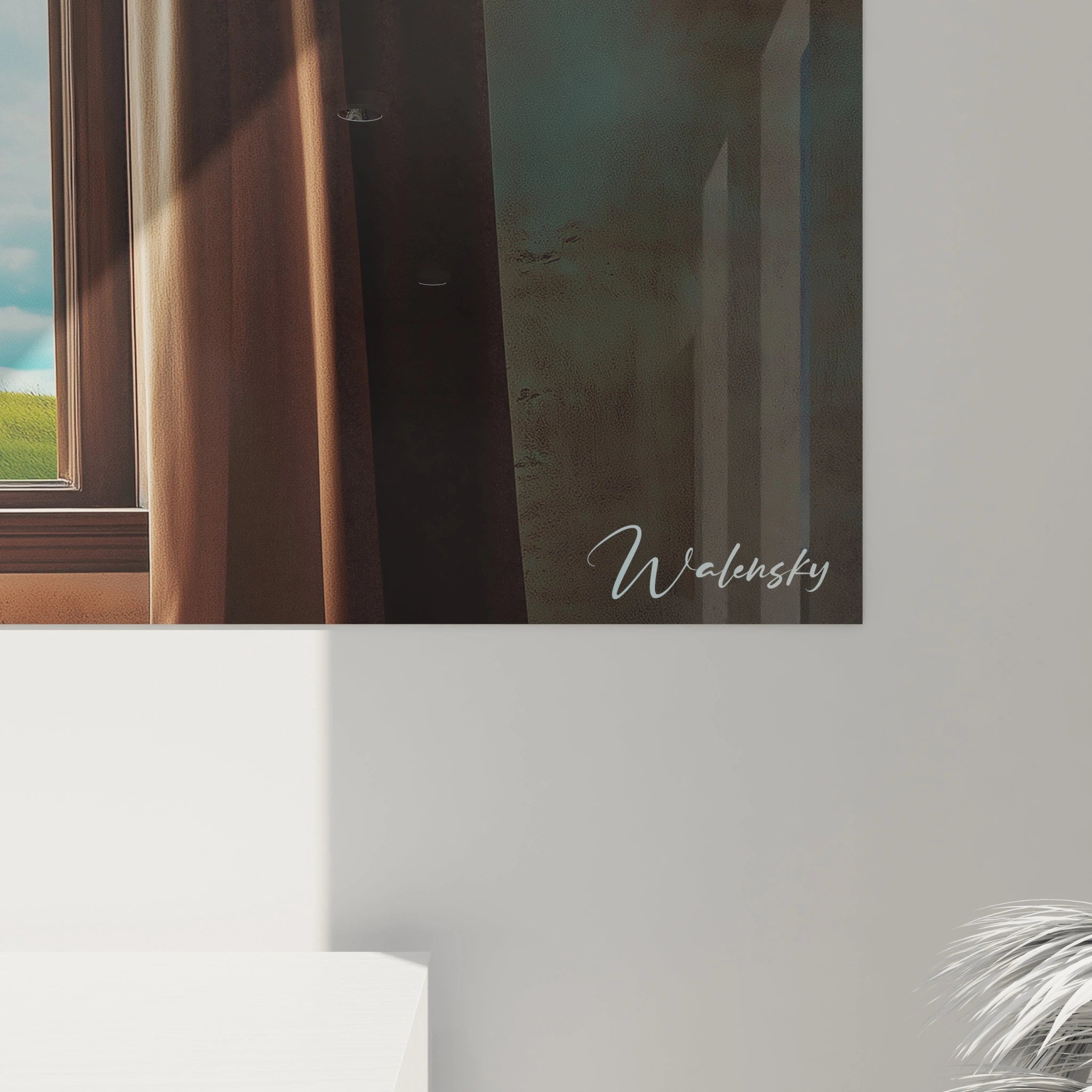 Détail d’un tableau René Magritte mettant en avant la texture du ciel et la silhouette précise d’un arbre au centre de la composition, avec un encadrement intérieur en bois contrastant avec la lumière extérieure.