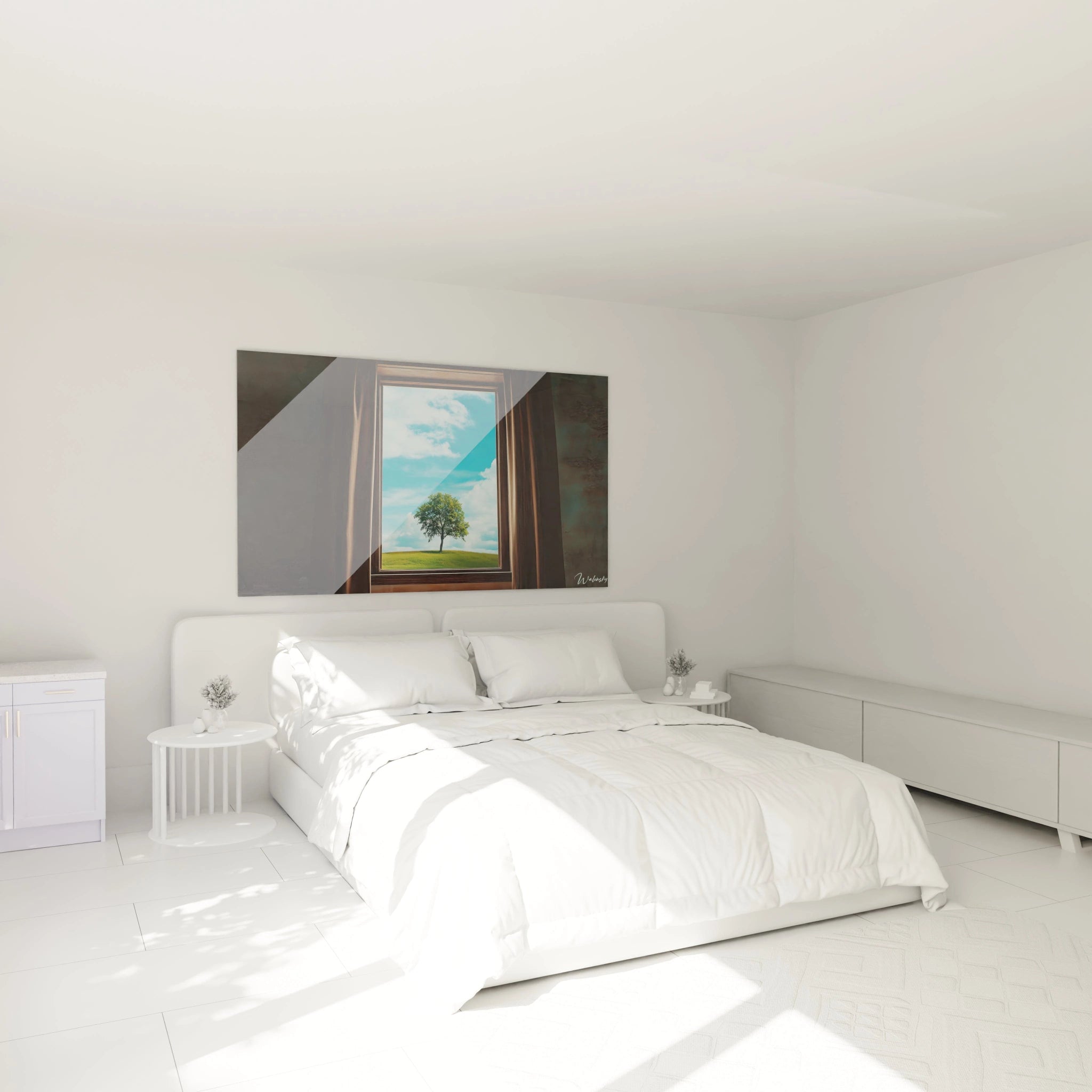 Vue rapprochée d’un tableau René Magritte montrant un cadre de fenêtre en bois foncé, des rideaux brun profond et un paysage extérieur détaillé avec un ciel bleu texturé et un arbre au feuillage vert.