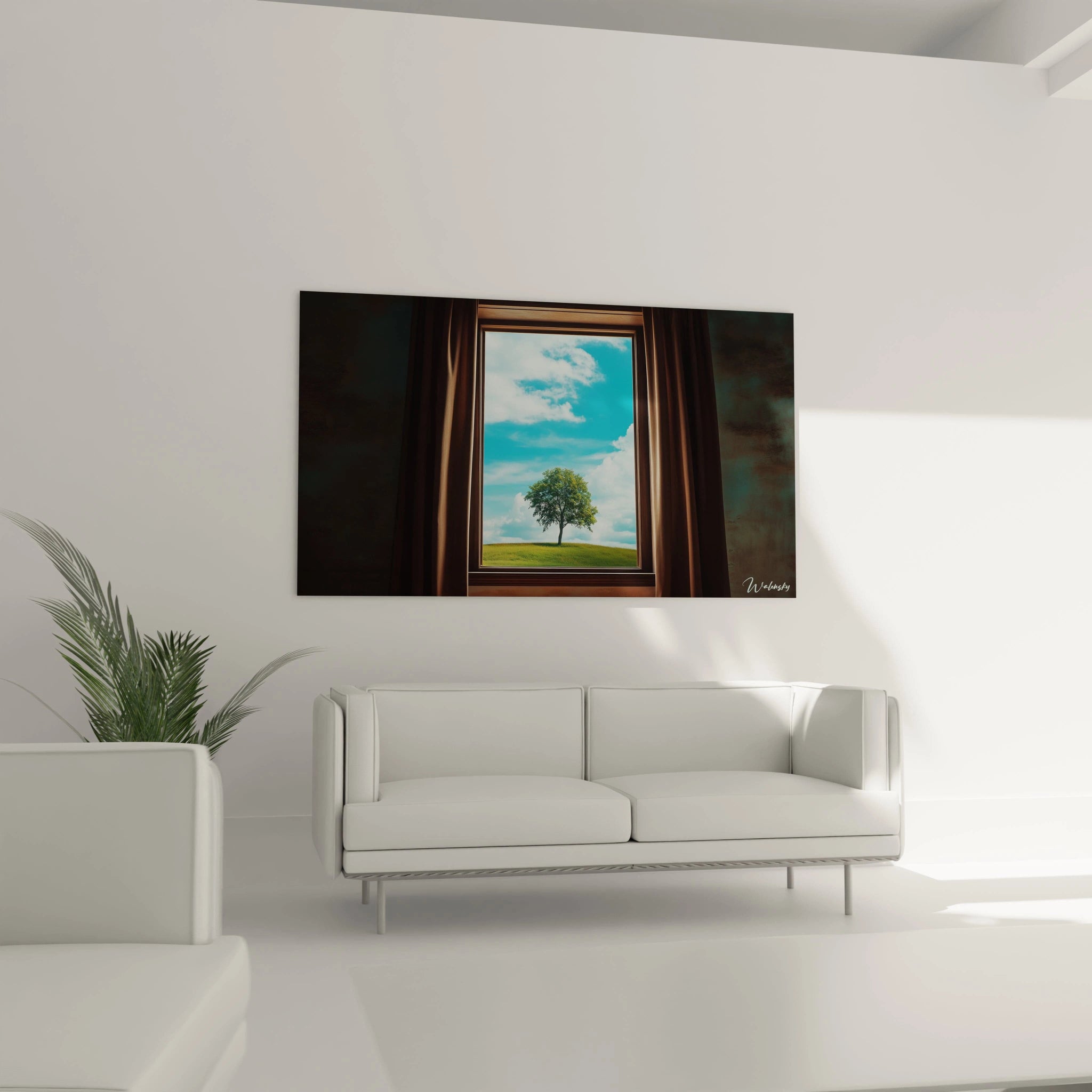 Un tableau René Magritte installé dans un salon, mettant en valeur un contraste entre un espace intérieur aux tons marron foncé et un paysage extérieur lumineux avec un ciel bleu vif et une colline verte.