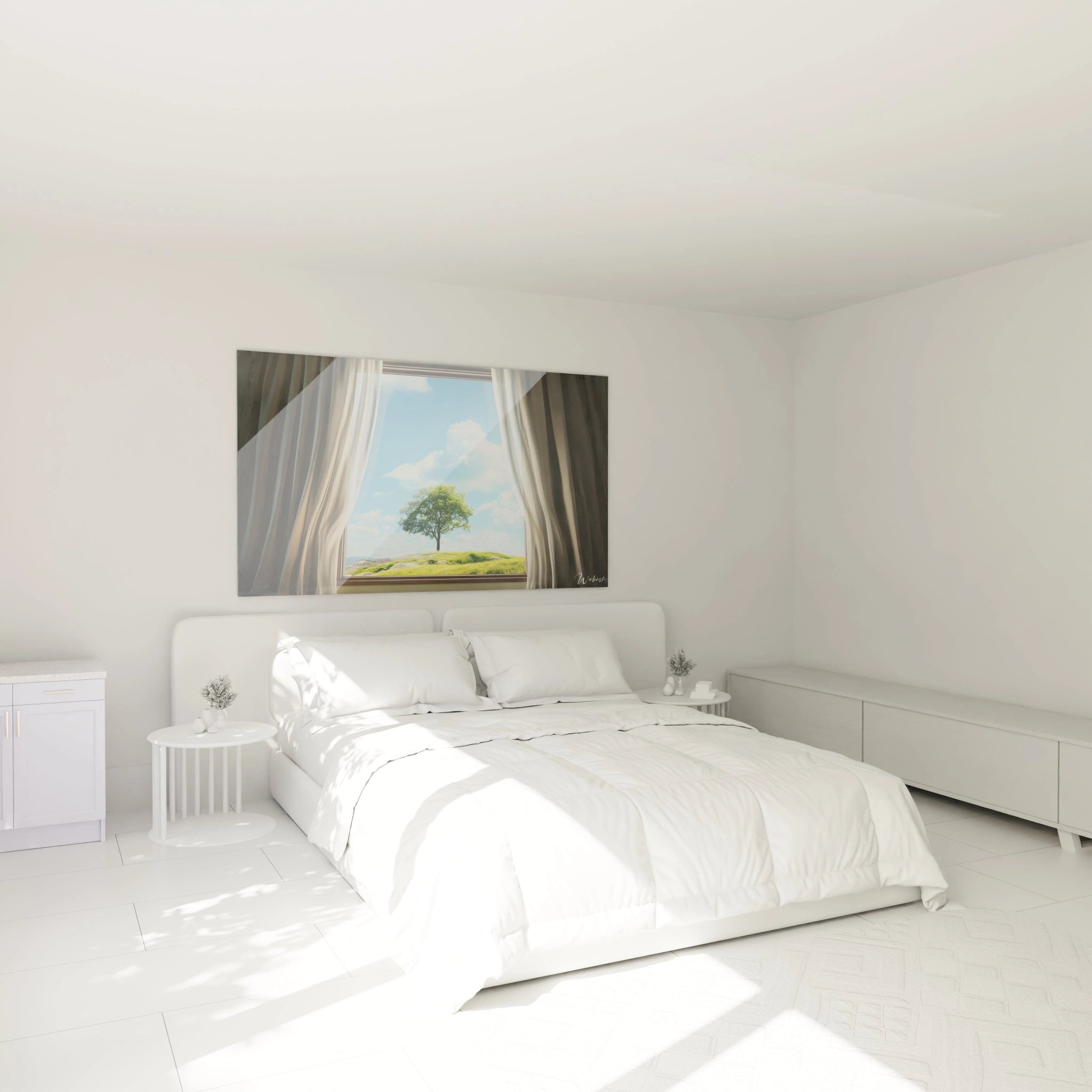 Vue d’un tableau René Magritte montrant un intérieur avec des rideaux flottants, laissant apparaître un arbre au centre d’une colline verdoyante sous un ciel bleu avec des nuages blancs.