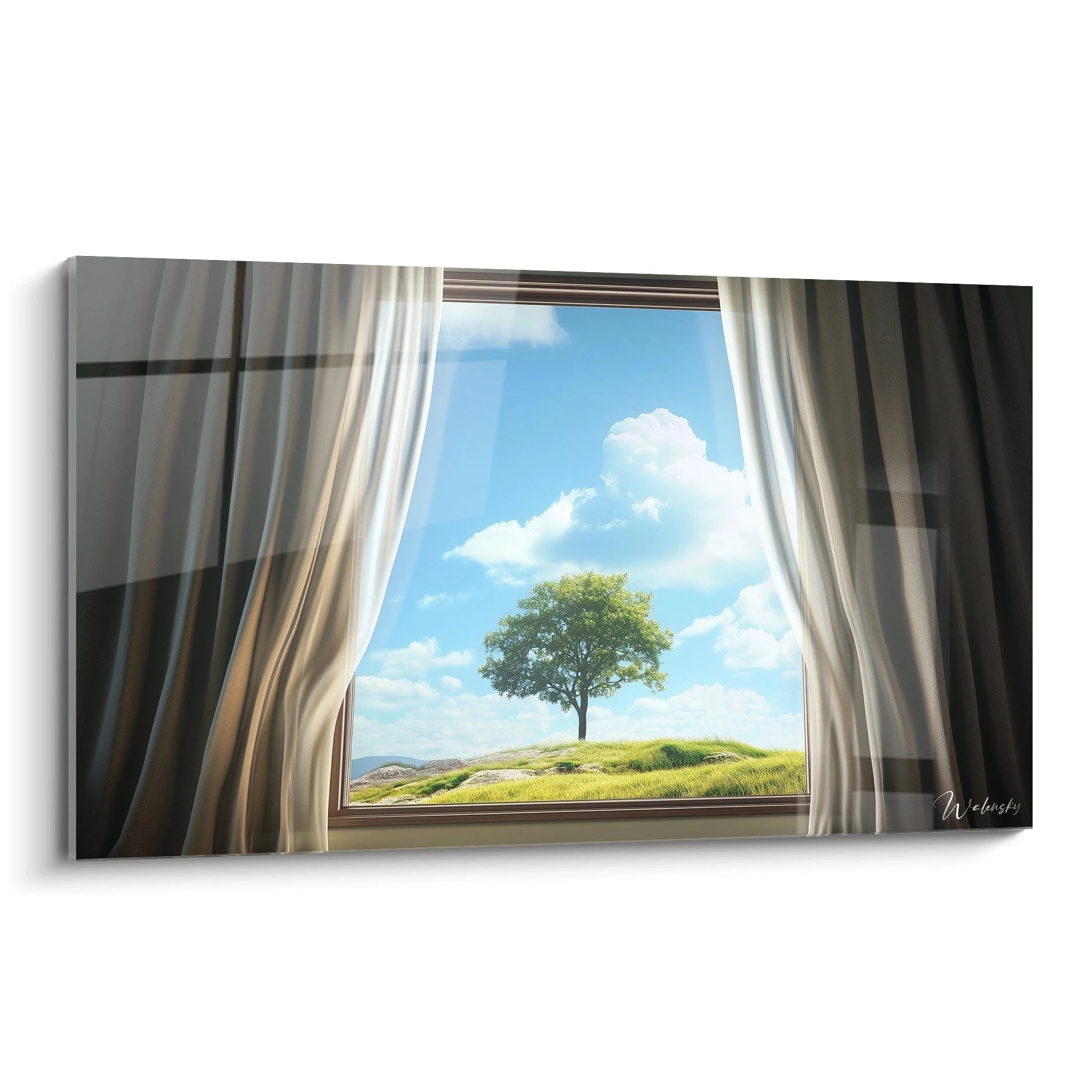 Un tableau René Magritte représentant une fenêtre ouverte sur un paysage avec un arbre central sous un ciel bleu, encadré par des rideaux beige clair et un encadrement aux tons naturels.