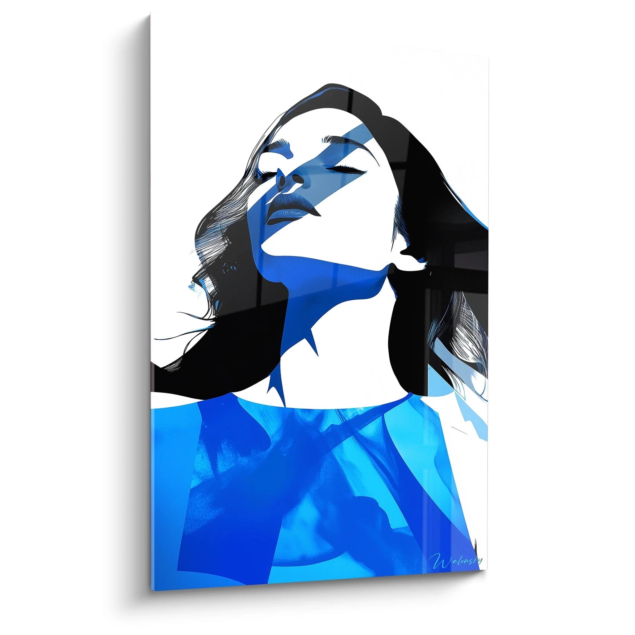 Un tableau Jean-Baptiste-Camille Corot représentant un visage féminin en contre-plongée, avec des ombres en bleu et noir, sur fond blanc. Des lignes nettes et des aplats de couleur structurent l’image.