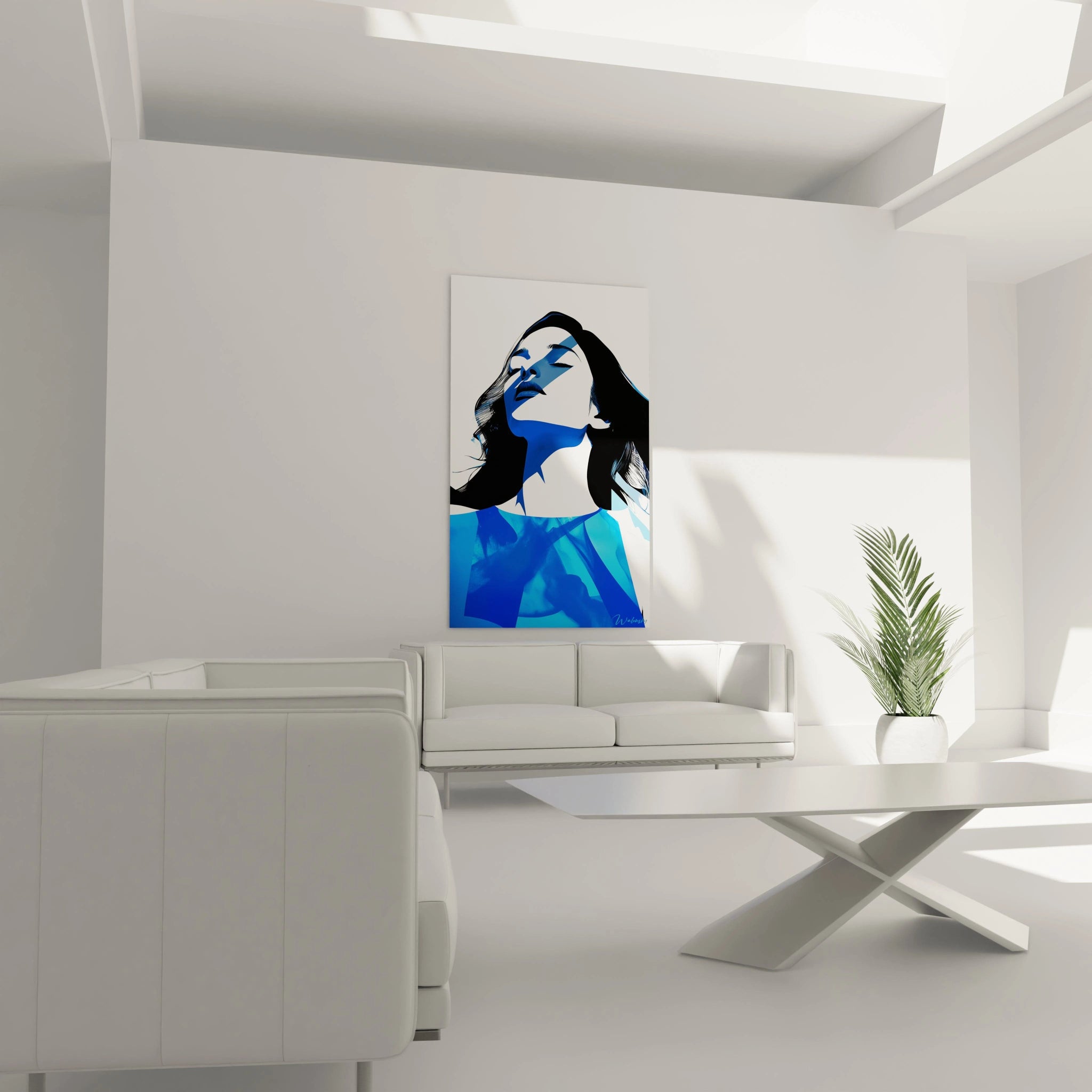 Un tableau Jean-Baptiste-Camille Corot mettant en scène un visage féminin stylisé, alternant noir, blanc et bleu. La composition joue sur des aplats nets et des formes géométriques tranchées.